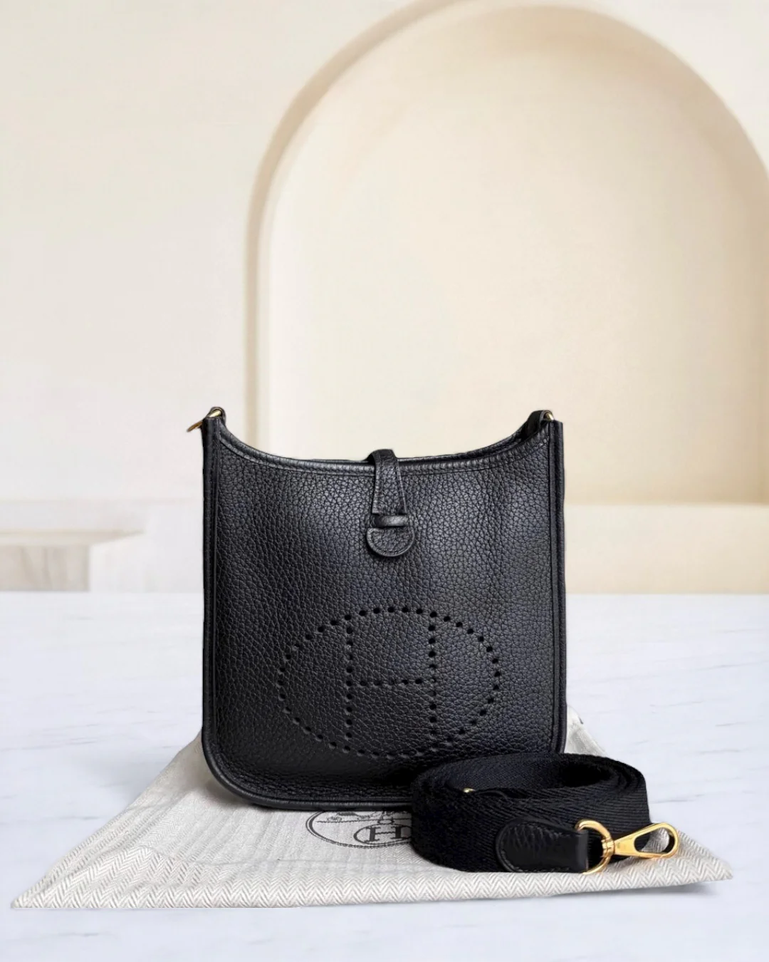 Hermes Evelyn Mini - Clemence Y Stamp Black Gold Hardware
