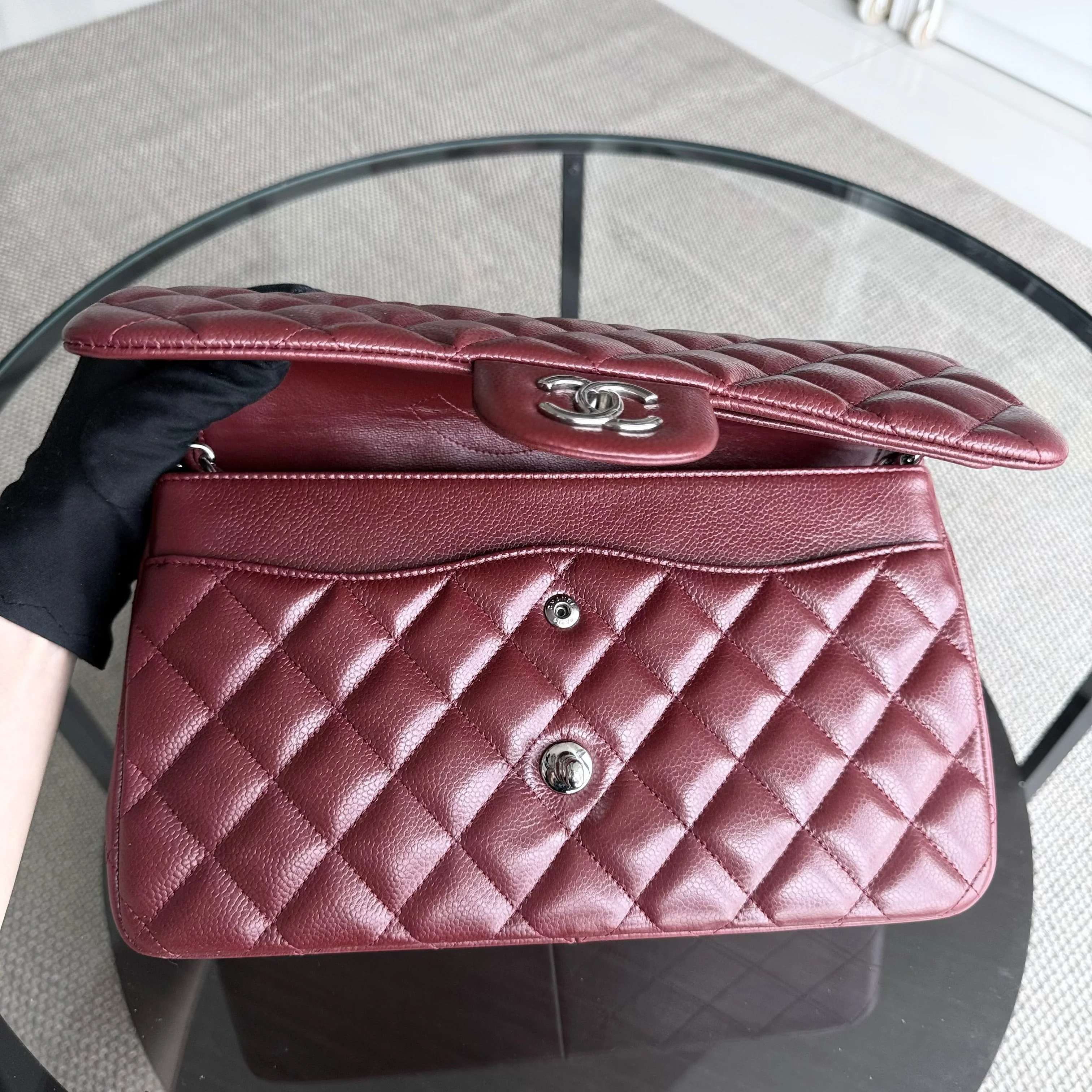 Chanel Classic Flap Jumbo - Caviar 30CM Double Flap Quilted Burgundy Silver Hardware