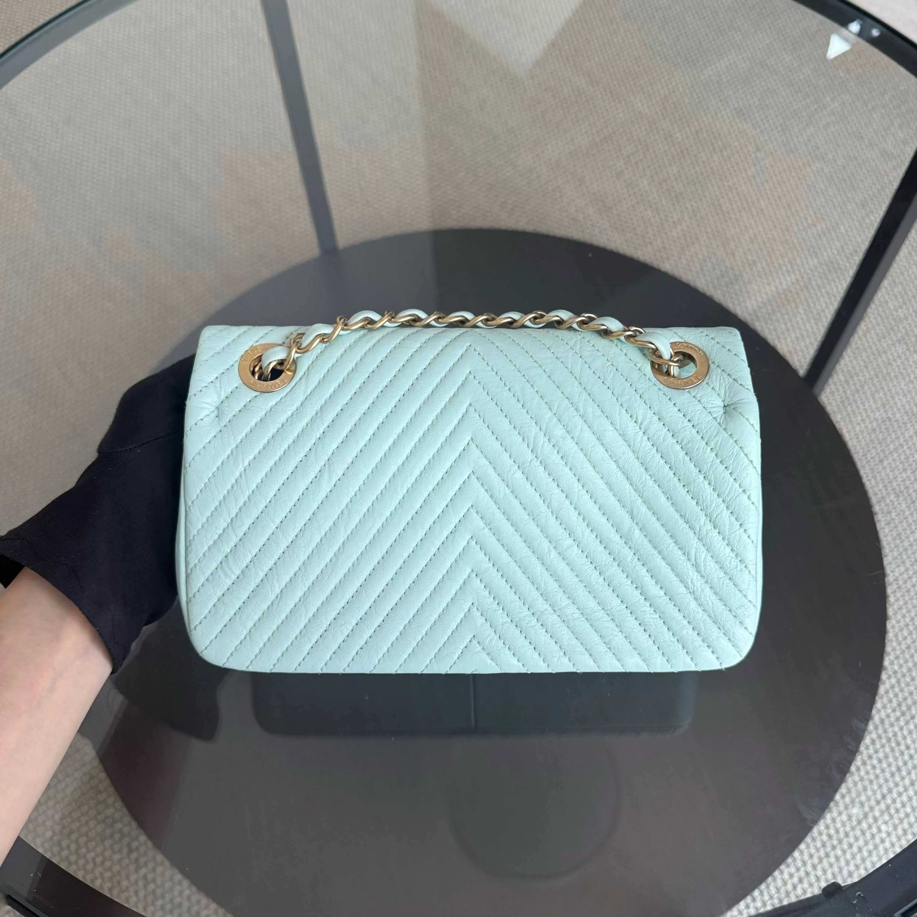 Chanel Seasonal Flap Small - 23CM Surpique CC Herringbone Medallion Flap Chevron Mint Green Gold Hardware Series 20