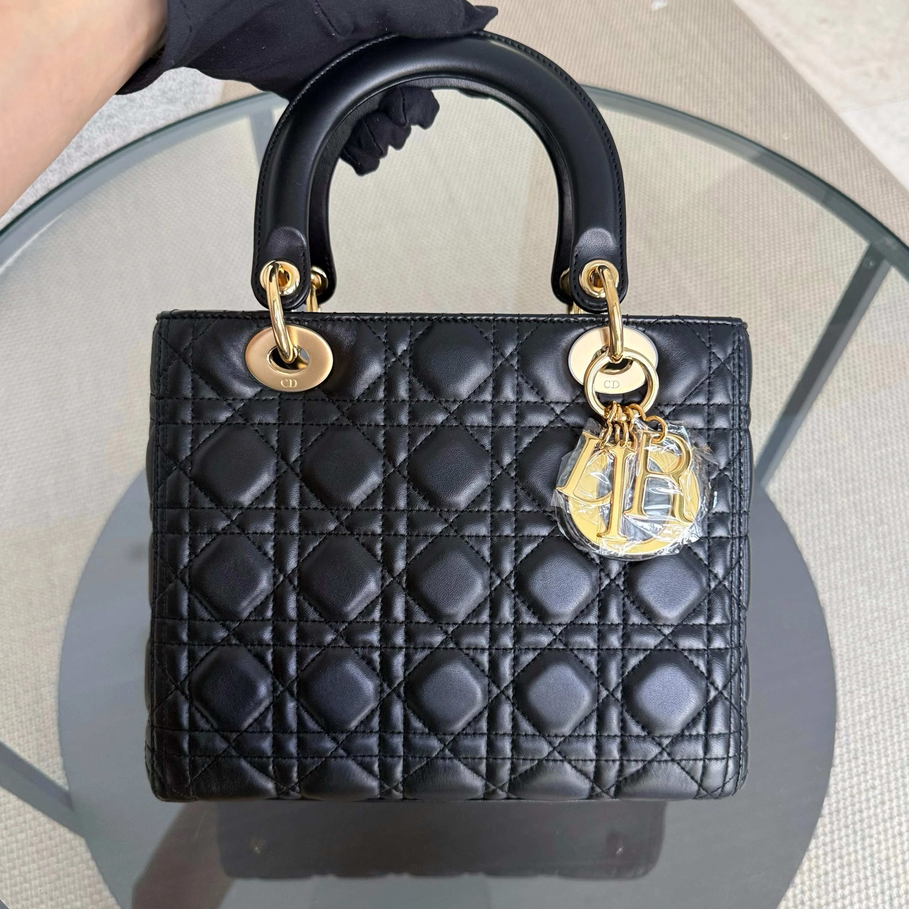 Dior Lady Medium - Cannage Lambskin Black Gold Hardware Adjustable Strap
