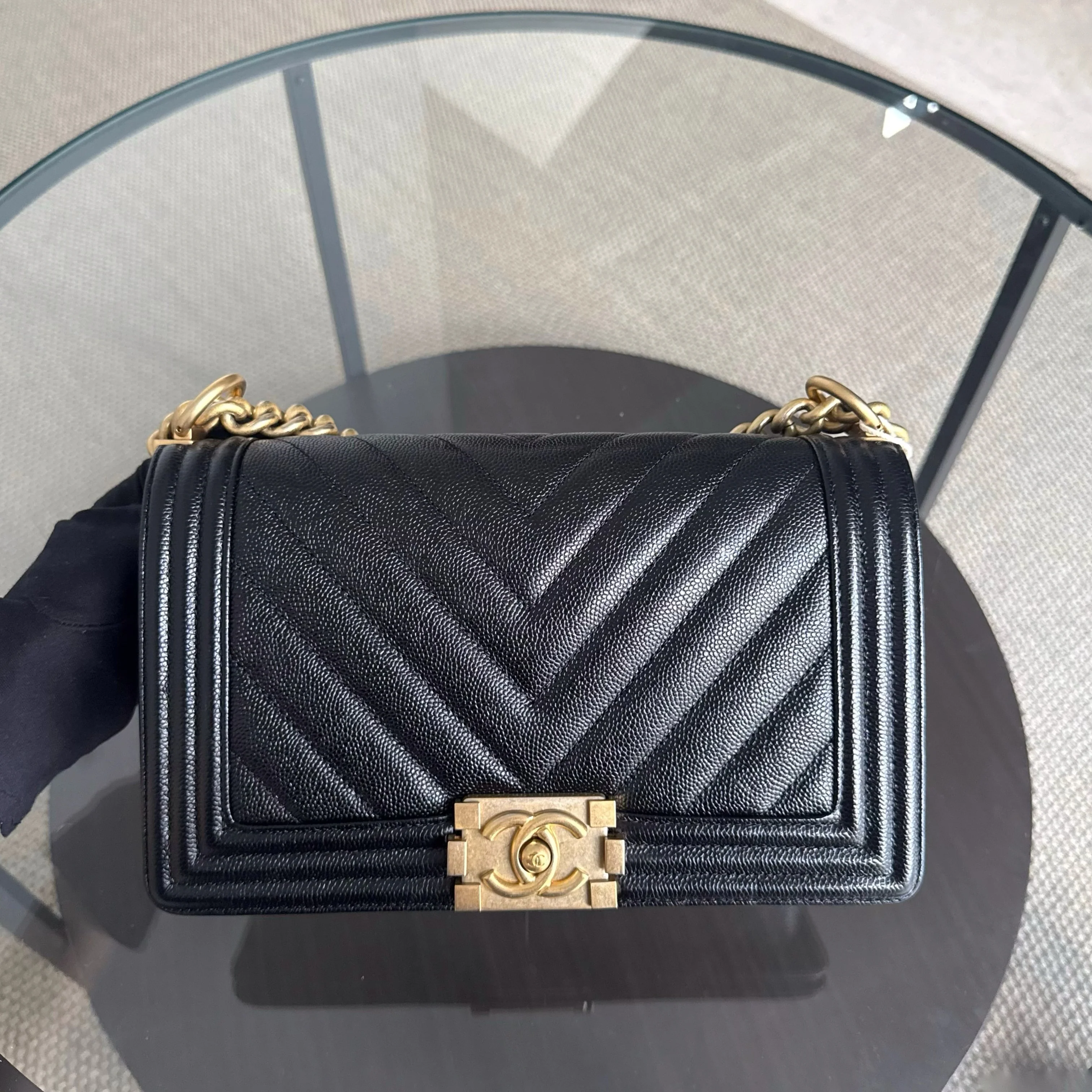 Chanel Boy Medium - Caviar 25CM Chevron Black Gold Hardware Series 24