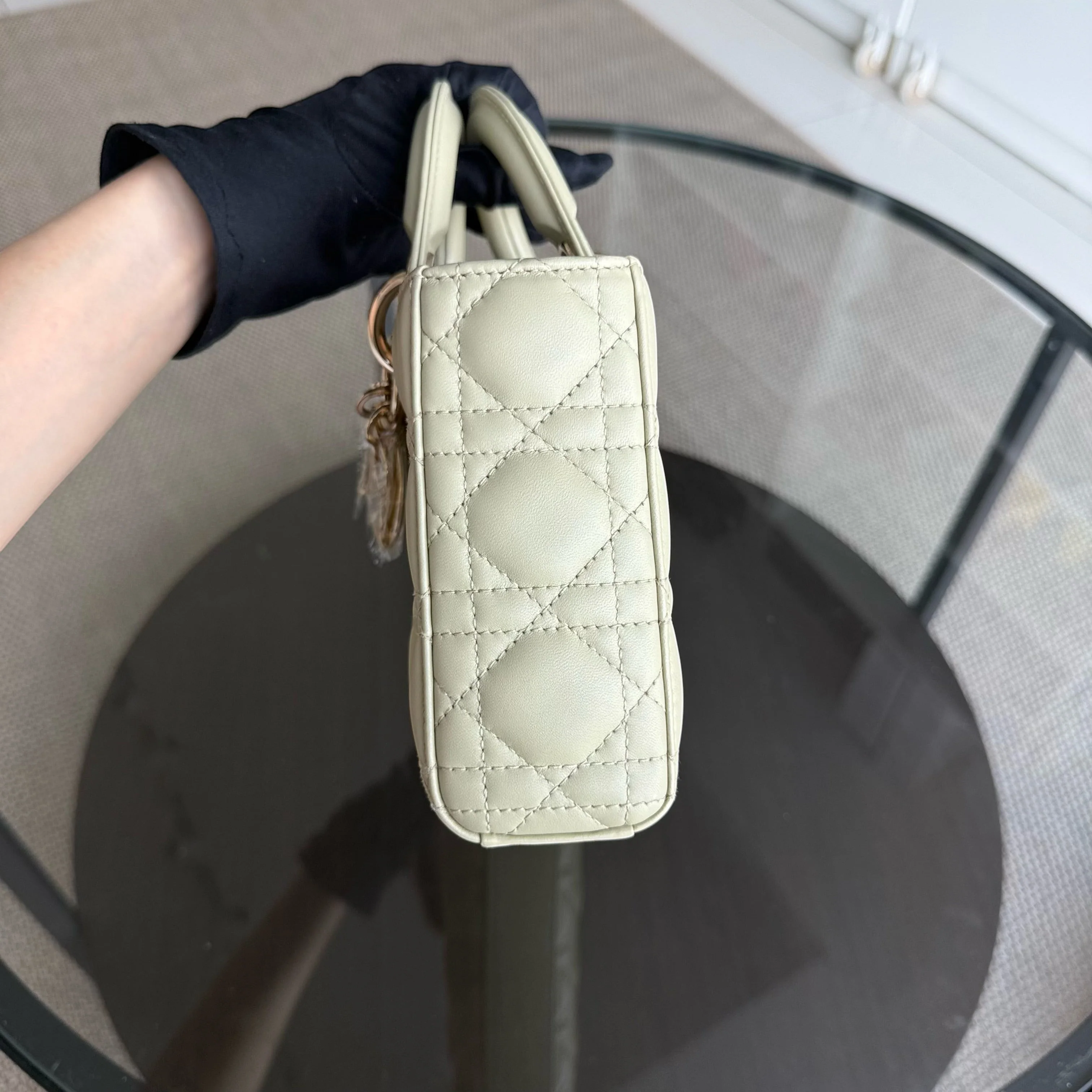 Dior D-Joy Medium - Cannage Lambskin Light Lime Beige Gold Hardware