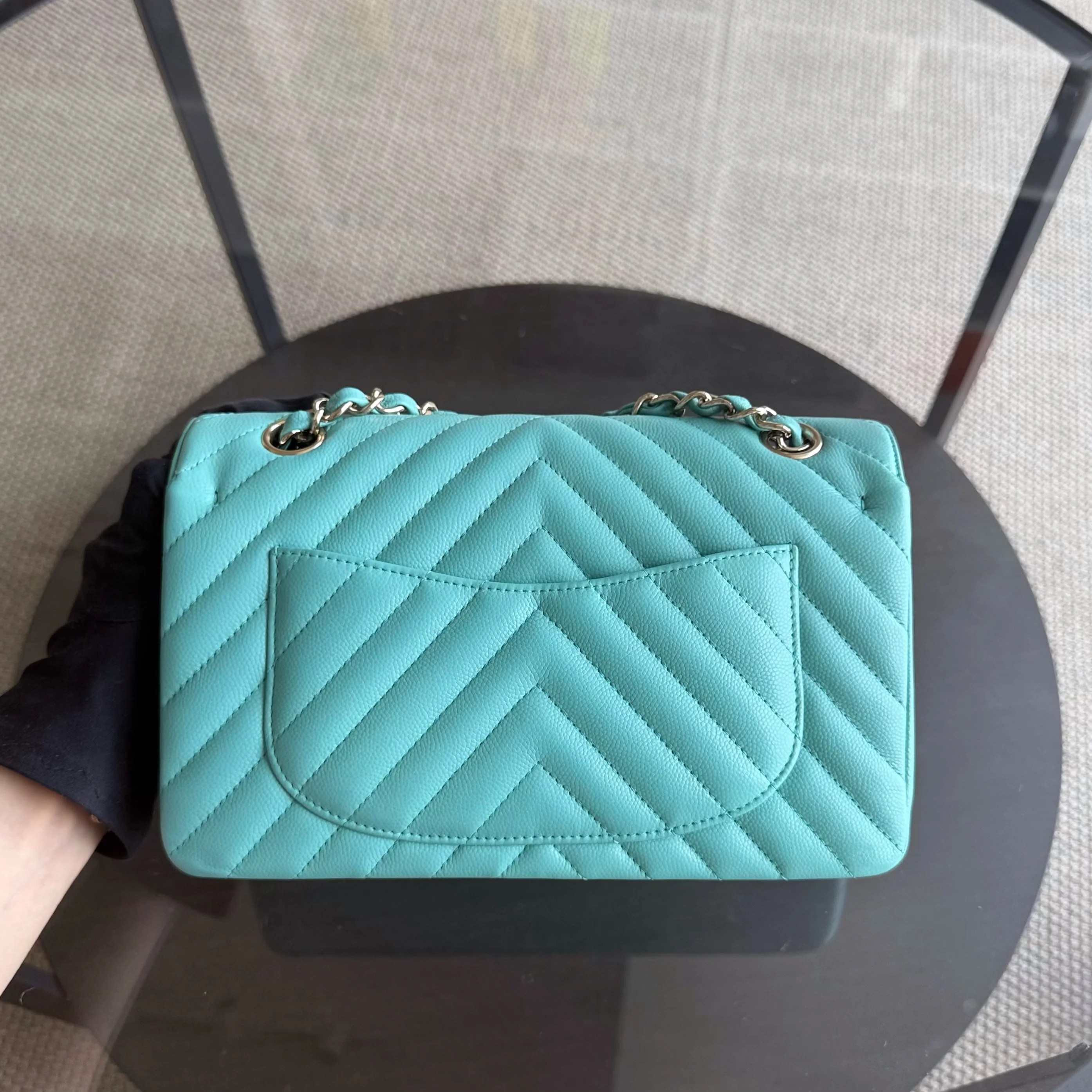 Chanel Classic Flap Small - Caviar 23CM Chevron Light Blue Tiffiny Blue Gold Hardware Series 27