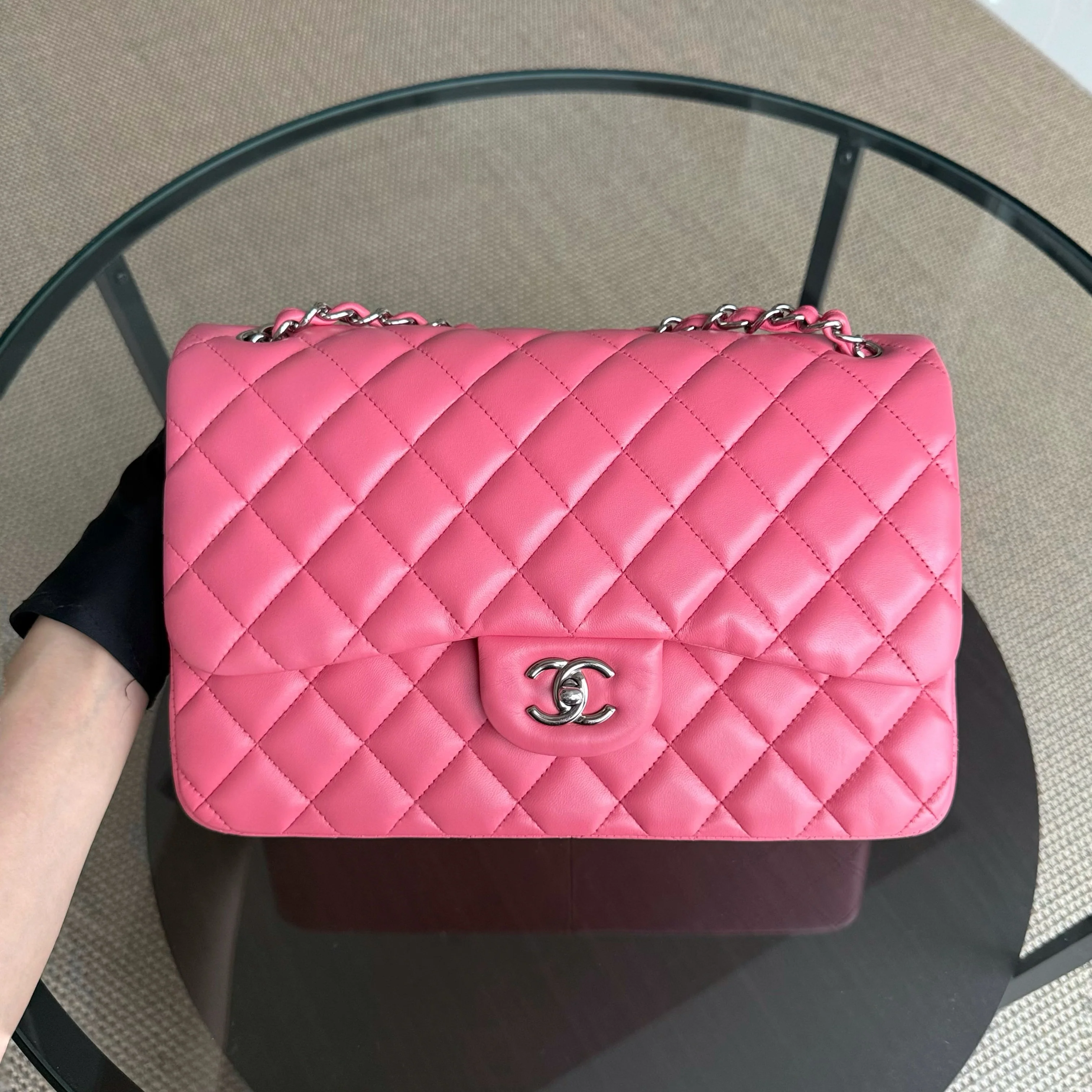 Chanel Classic Flap Jumbo - Double Flap 30CM Quilted Lambskin Pink Silver Hardware Series 16