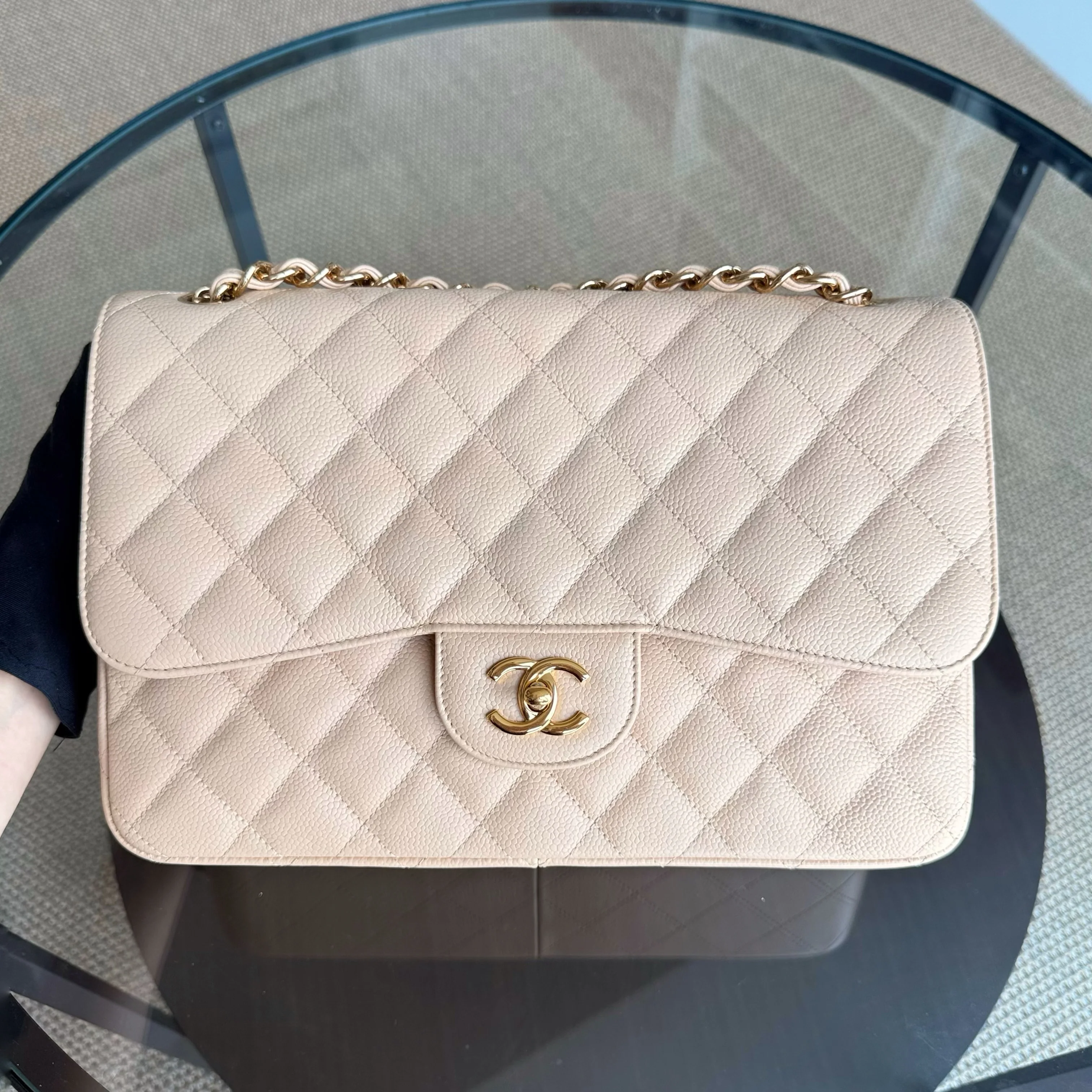 Chanel Classic Flap Jumbo - Caviar Quilted Double Flap Light Beige Gold Hardware