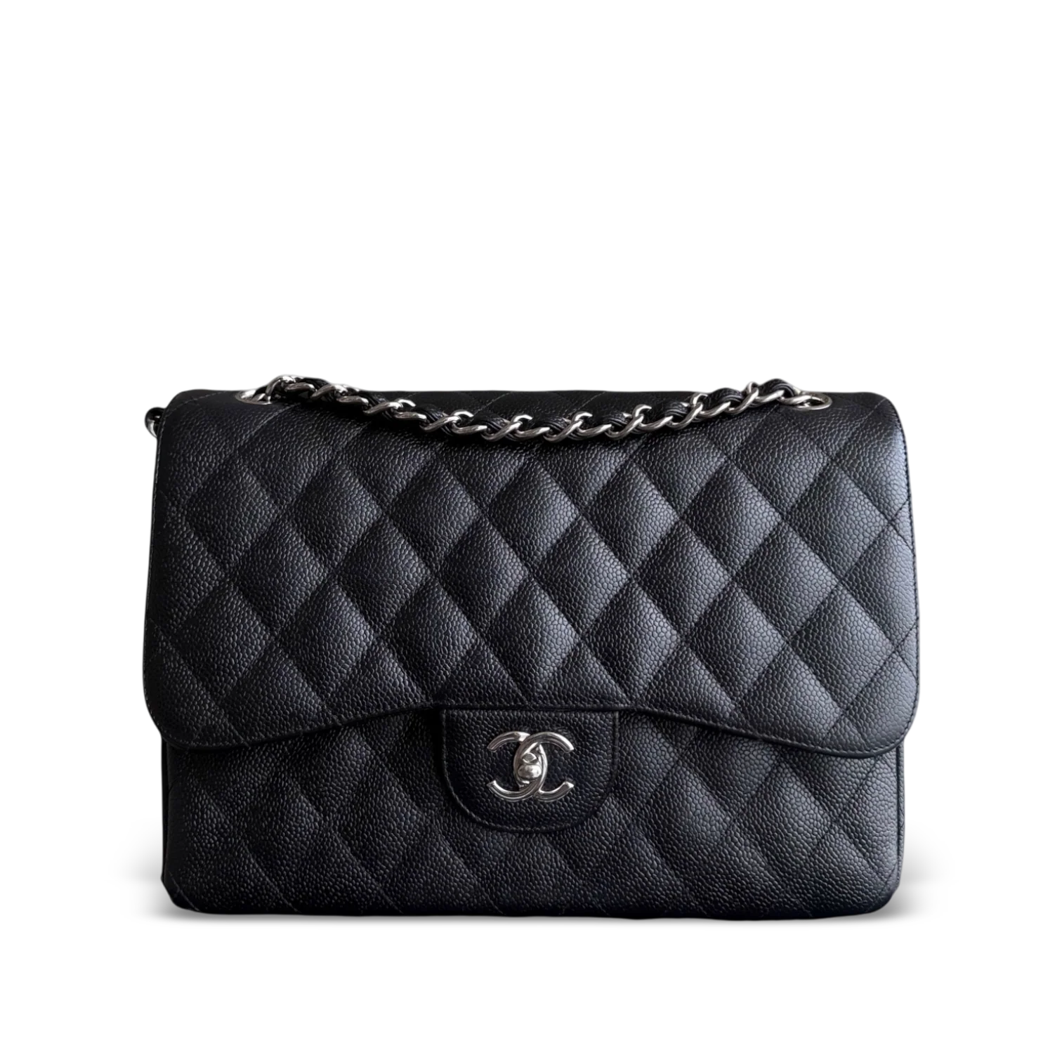Chanel Classic Flap Jumbo - Caviar 30CM Double Flap Quilted Black Silver Hardware