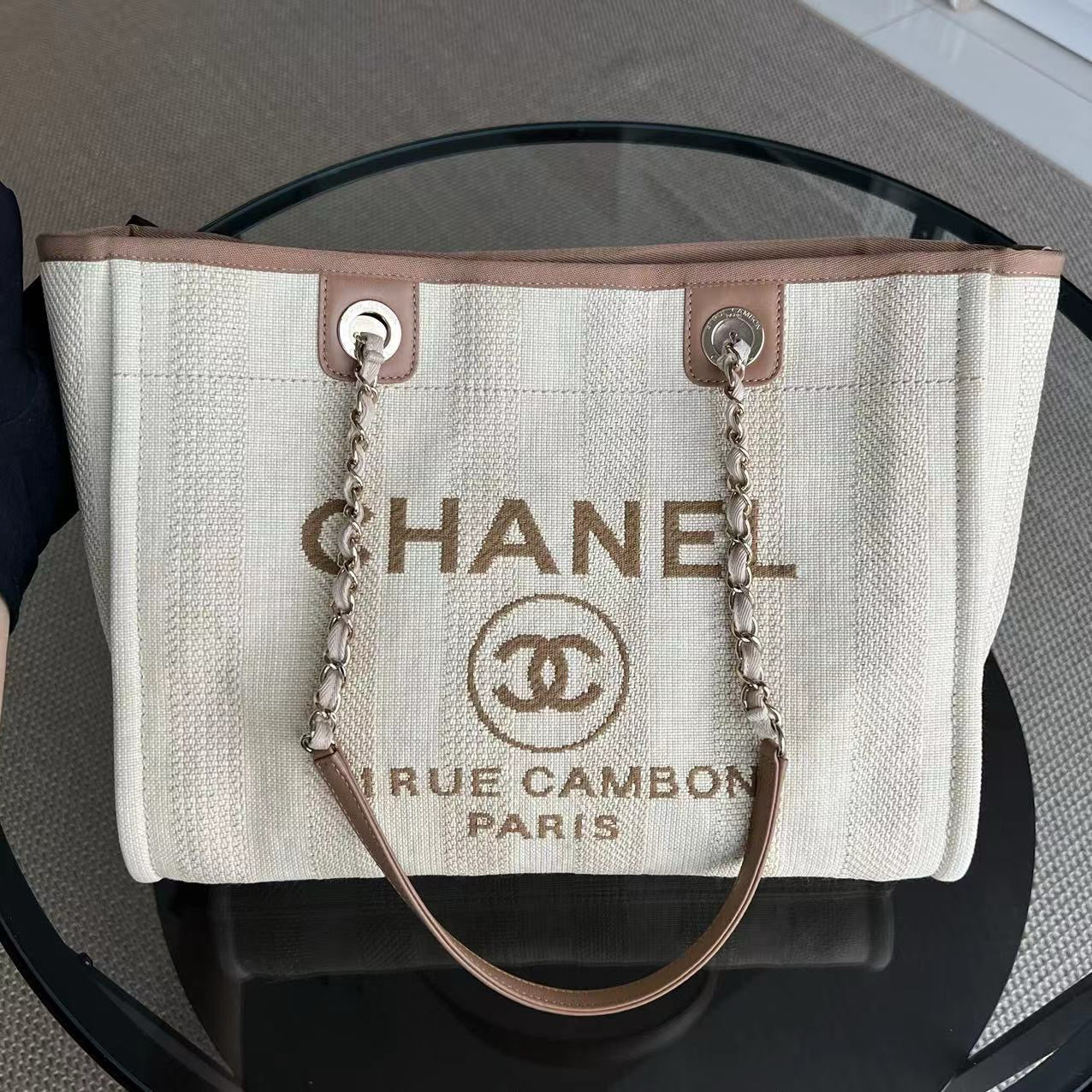 Chanel Deauville Small - Tote Yellow Canvas Silver Hardware 29