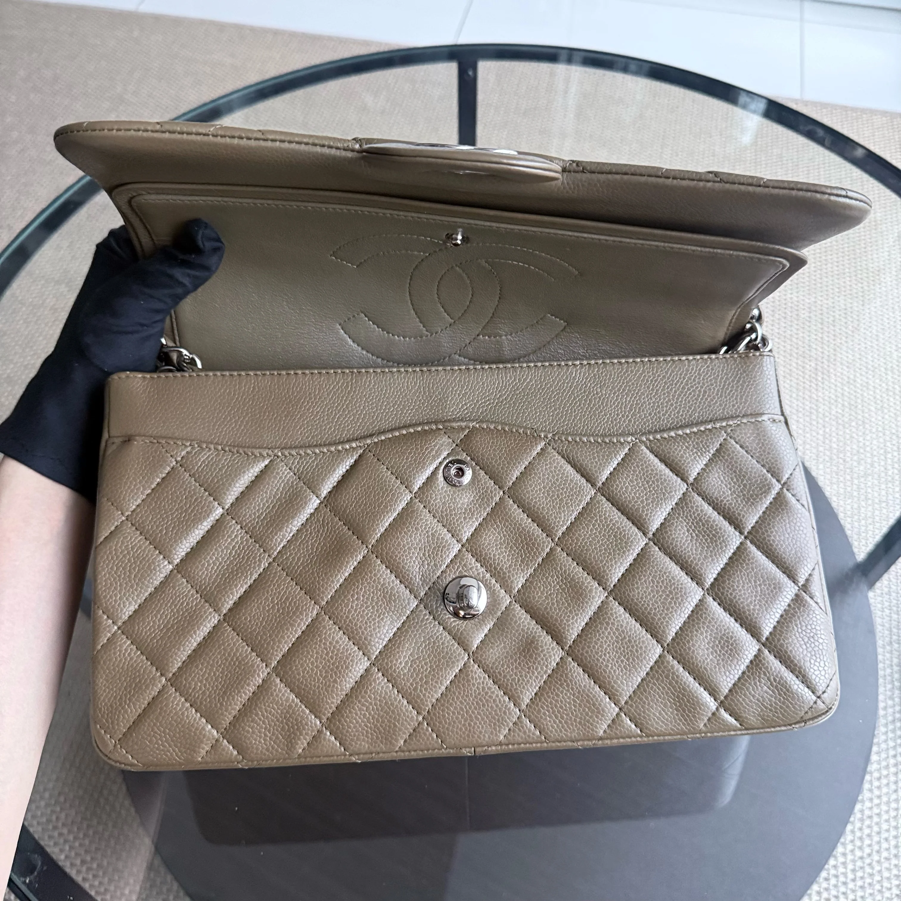 Chanel Classic Flap Jumbo - Caviar Quilted Double Flap Olive Green Silver Hardware Series 16