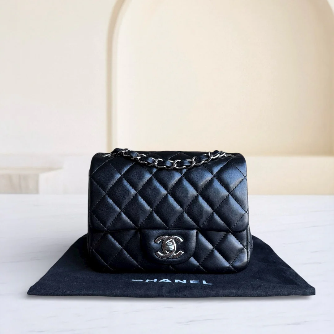 Chanel Classic Flap Mini Square - 17CM Quilted Lambskin Black Silver Hardware Series 19