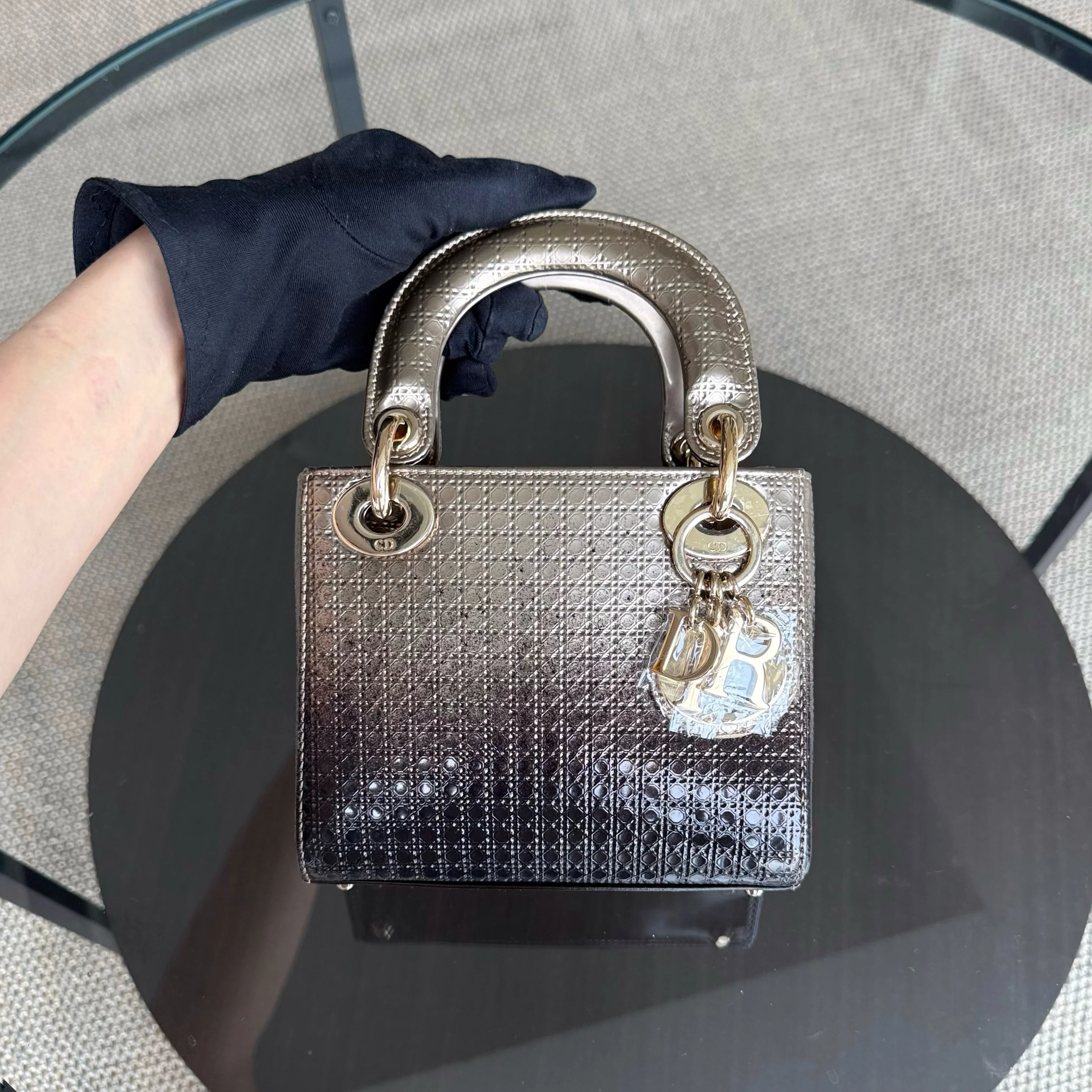 Dior Lady Mini - Calfskin Micro-Cannage Metallic Gold Gold Hardware Adjustable Strap