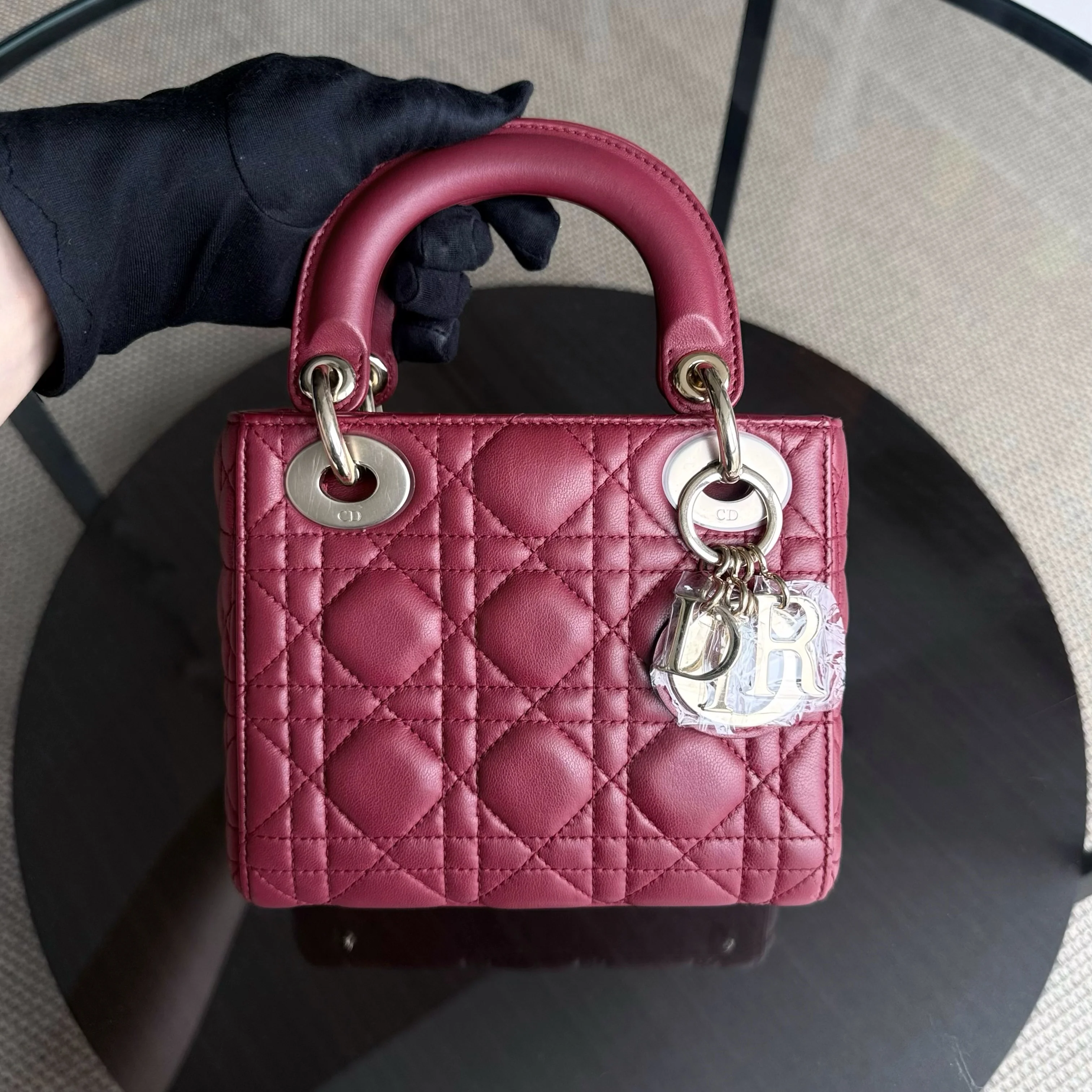 Dior Lady Mini - Cannage Lambskin Dark Red Gold Hardware Chain Strap
