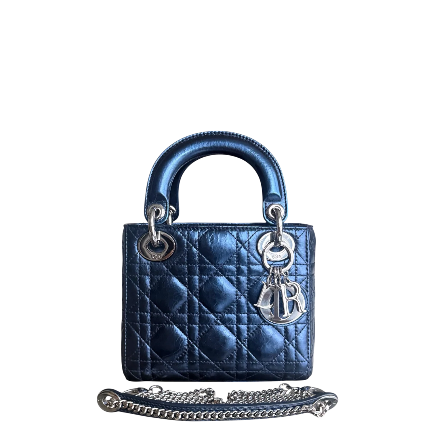 Dior Lady Mini - Cannage Glazed Calfskin Metallic Blue Silver Hardware