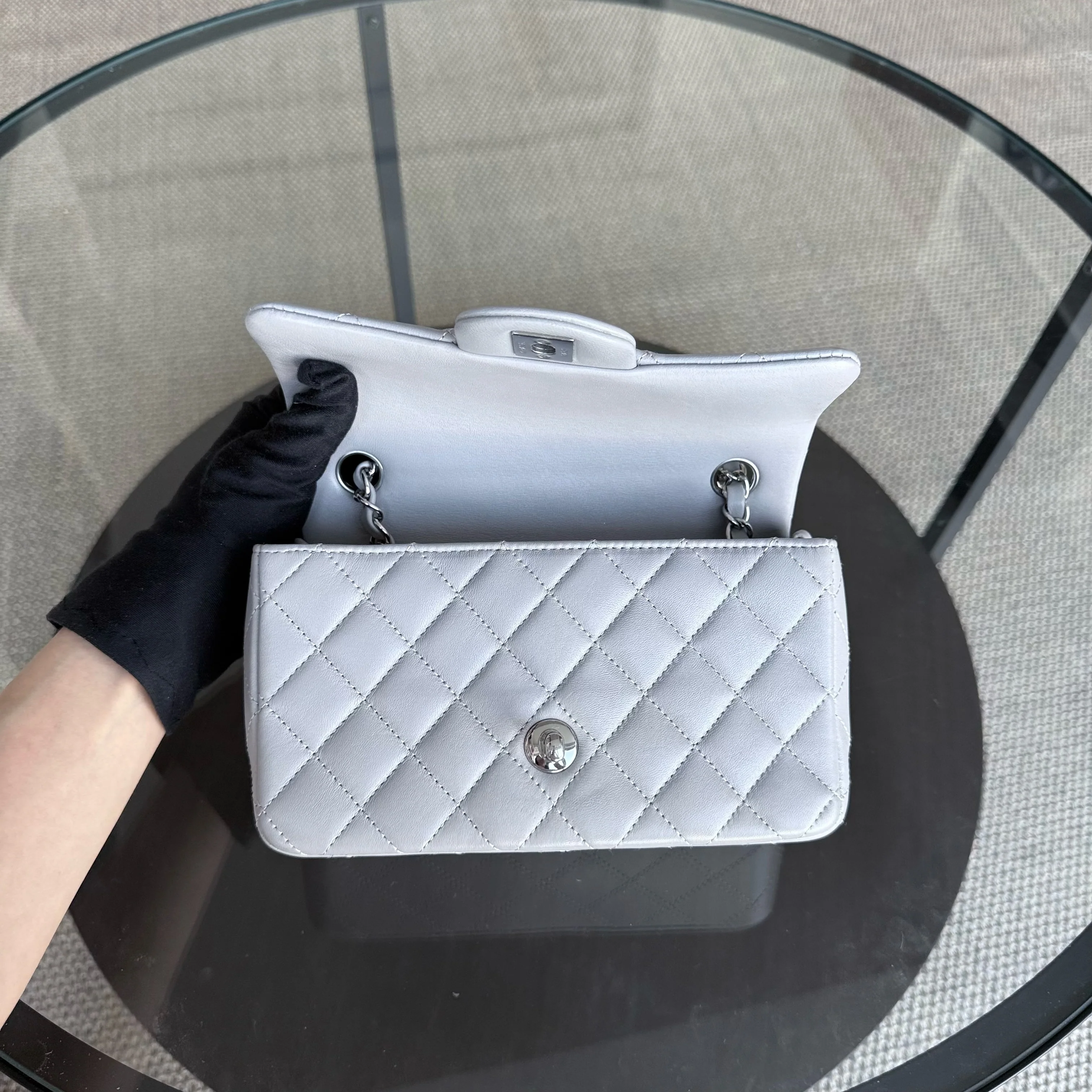 Chanel Lambskin Mini Rectangle Classic Flap - 20CM Quilted Gray Silver Hardware Microchip