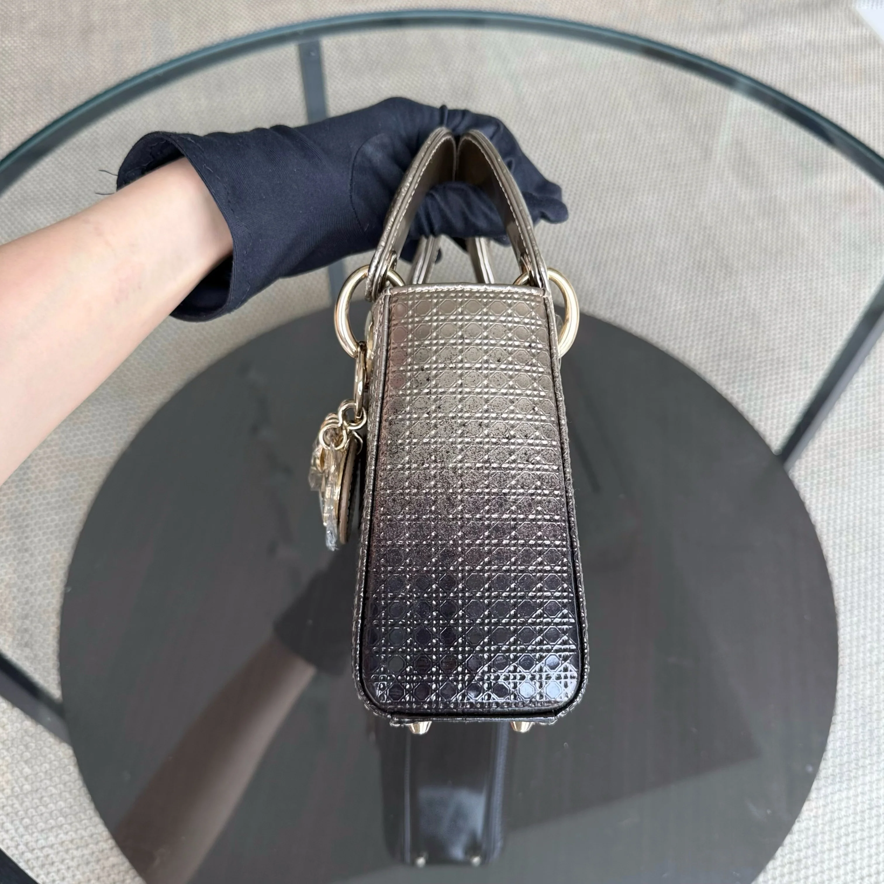 Dior Lady Mini - Calfskin Micro-Cannage Metallic Gold Gold Hardware Adjustable Strap