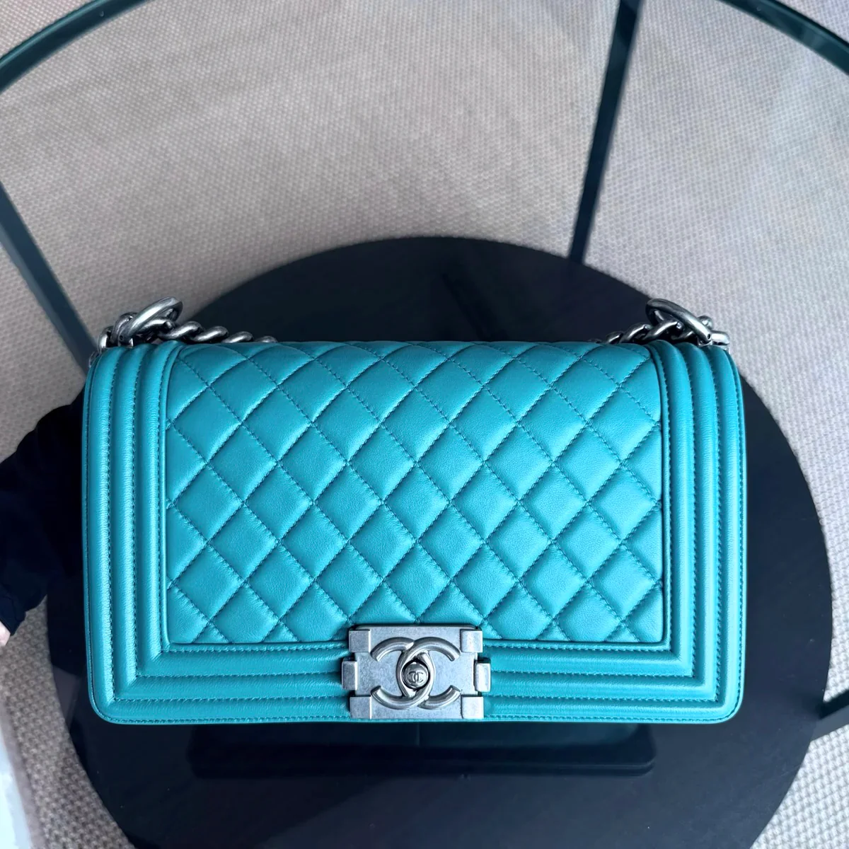 Chanel Boy Medium - 25CM Quilted Lambskin Blue Silver Hardware Series 19