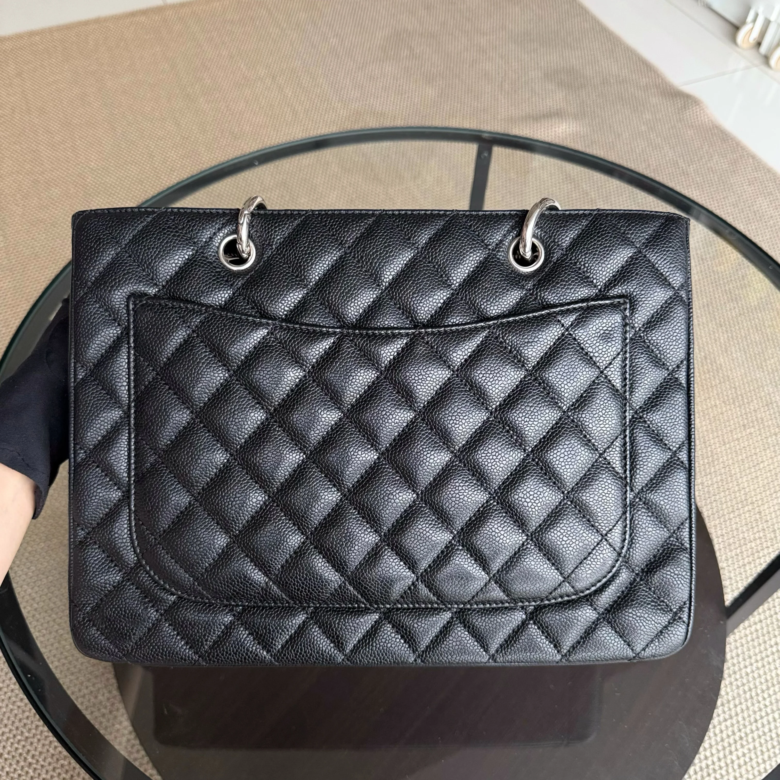 Chanel GST Grand Shopping Tote - Caviar Quilted Grained Calfskin Black Silver Hardware