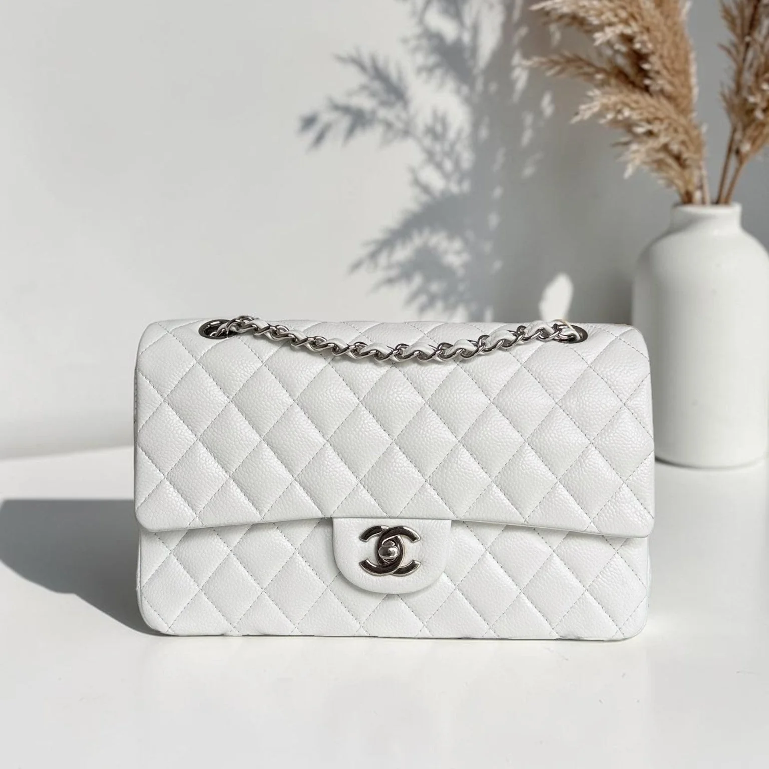 Chanel Classic Flap Medium - Caviar Quilted White Silver Hardware Series 18