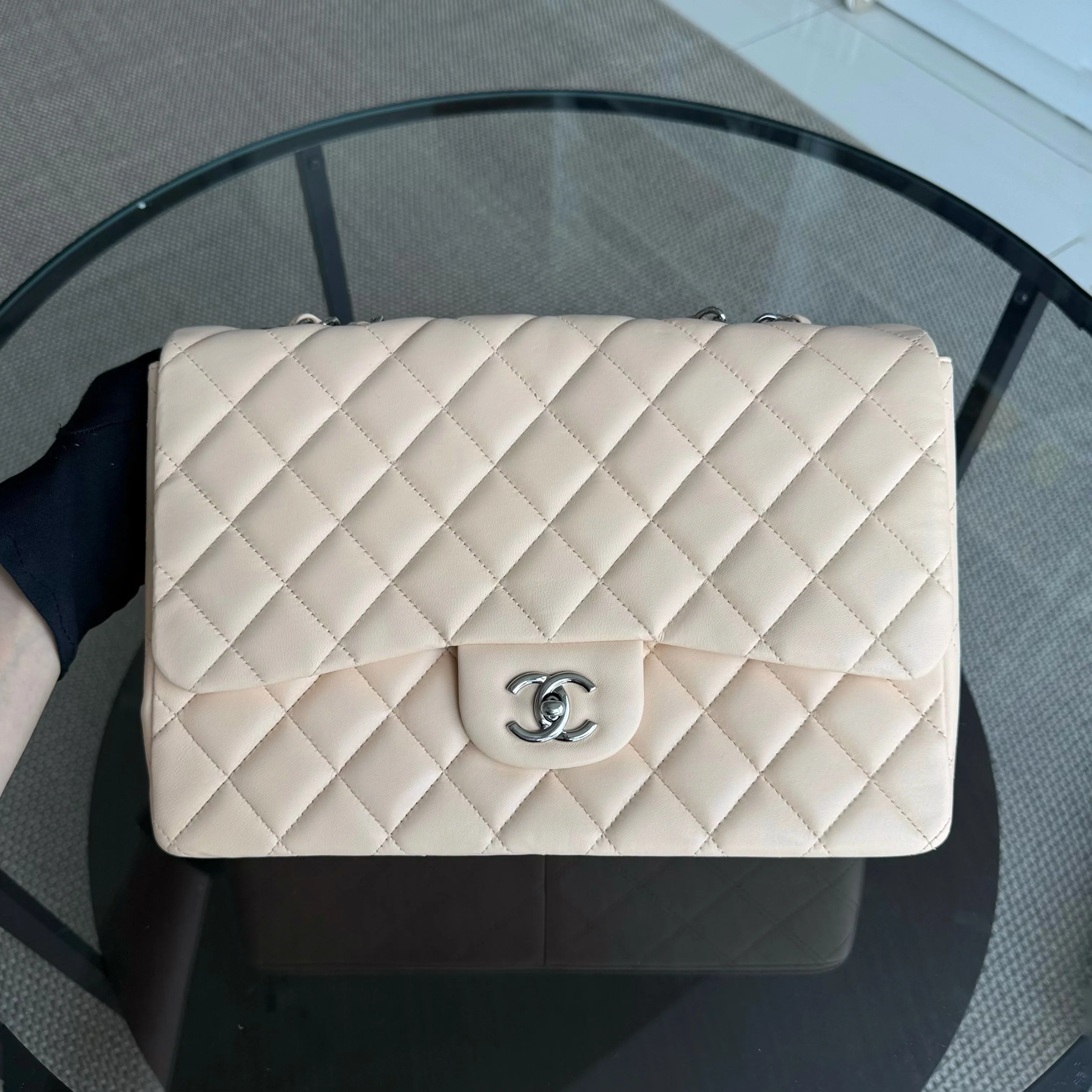 Chanel Classic Flap Jumbo - 30CM Single Flap Quilted Lambskin Beige Silver Hardware Series 14