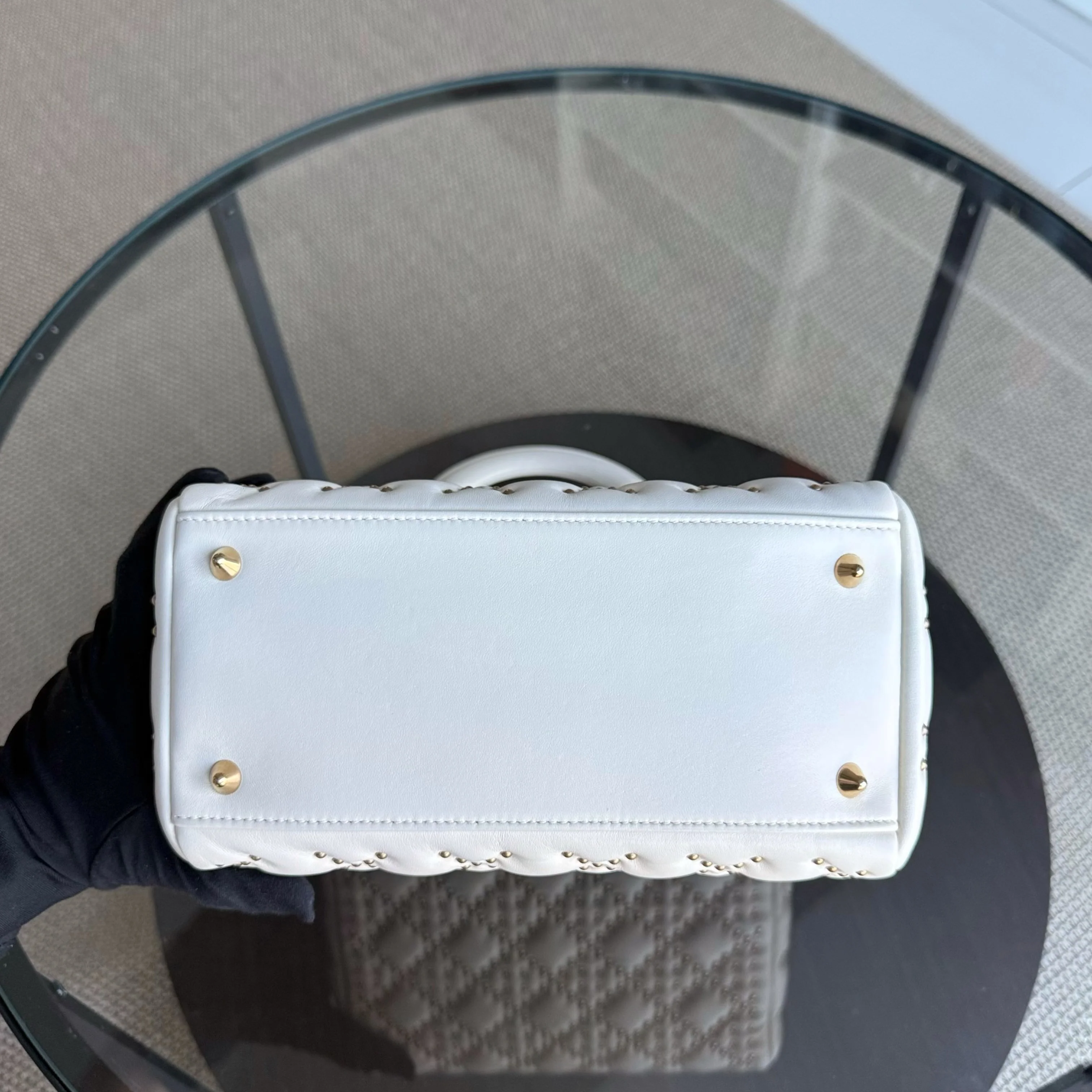 Dior Lady Medium - Cannage Calfskin Studded White Gold Hardware Zip Version