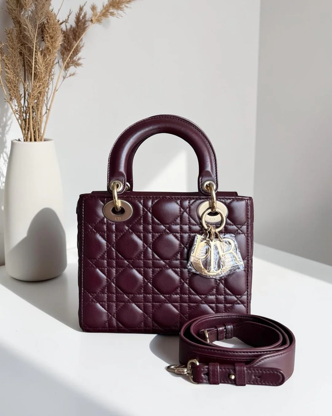 Dior Lady Small Flap - Cannage Lambskin Burgundy Gold Hardware