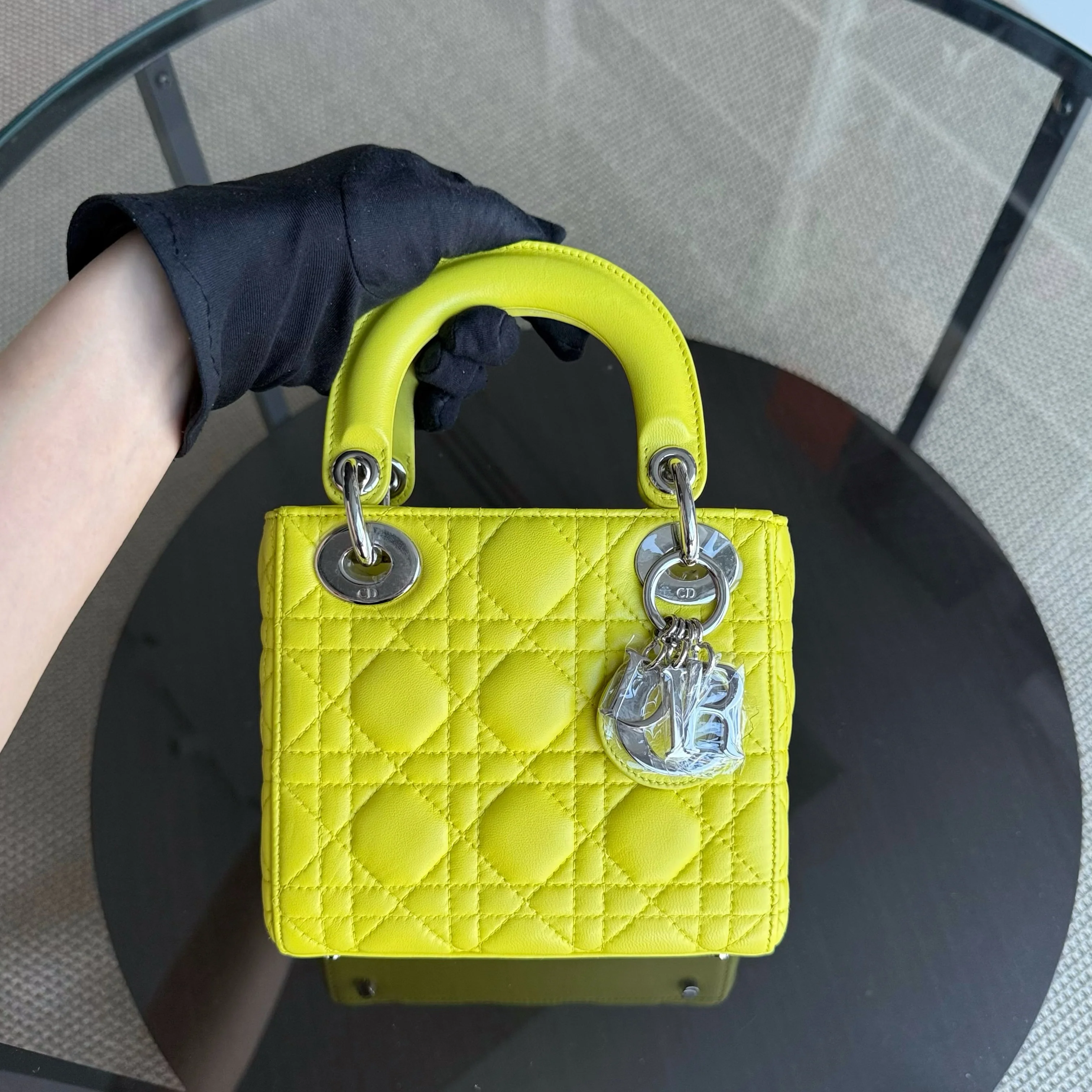Dior Lady Mini - Cannage Lambskin Yellow Silver Hardware Adjustable Strap