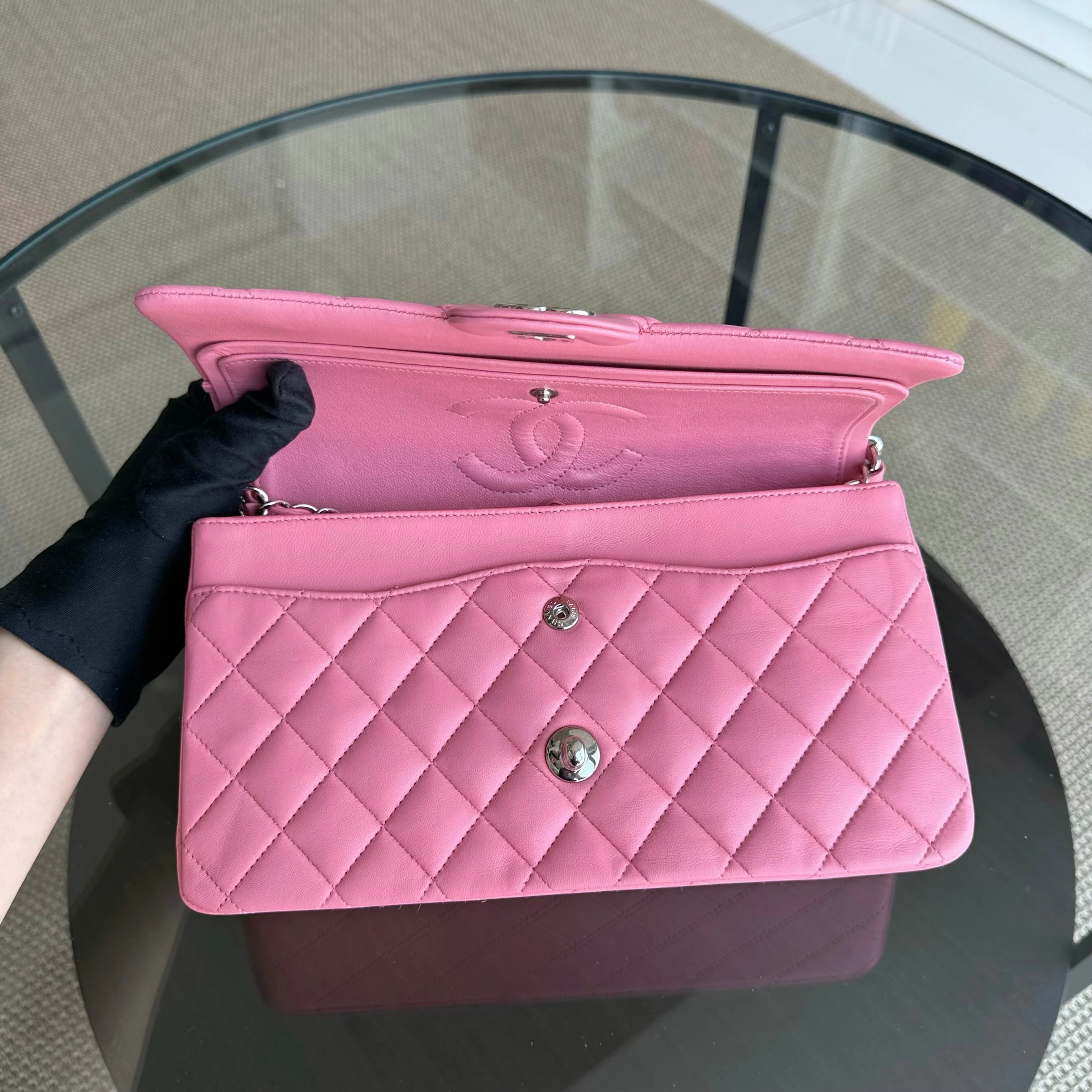 Chanel Classic Flap Medium - 25CM Quilted Lambskin Light Pink Silver Hardware Series 18