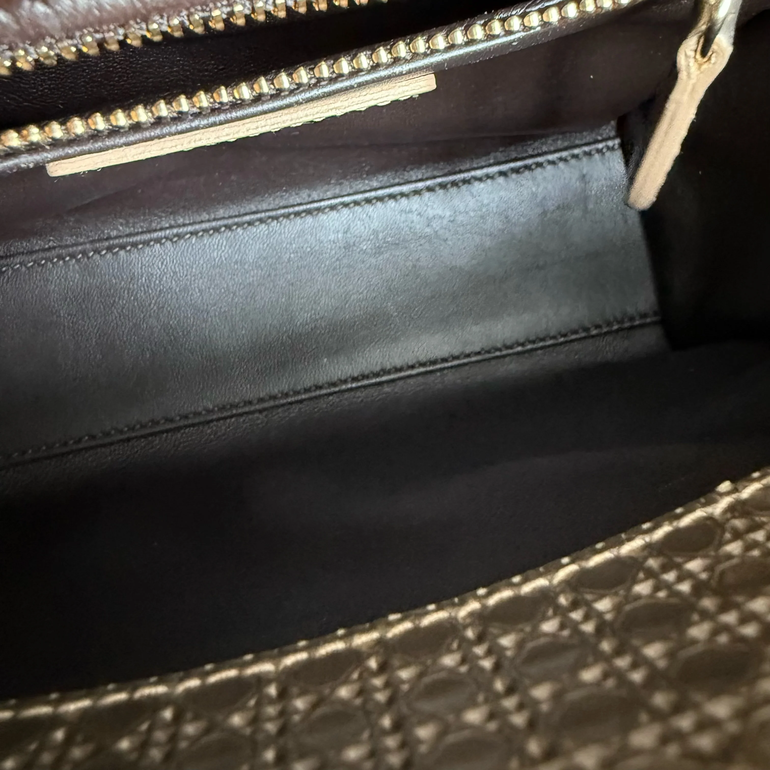 Dior Lady Mini - Calfskin Micro-Cannage Metallic Gold Gold Hardware Adjustable Strap