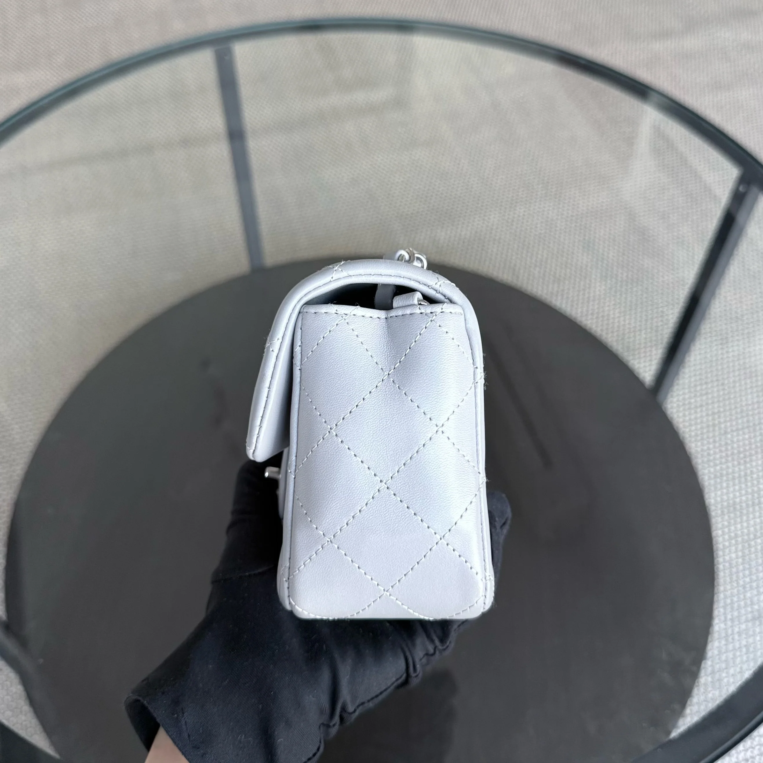 Chanel Lambskin Mini Rectangle Classic Flap - 20CM Quilted Gray Silver Hardware Microchip