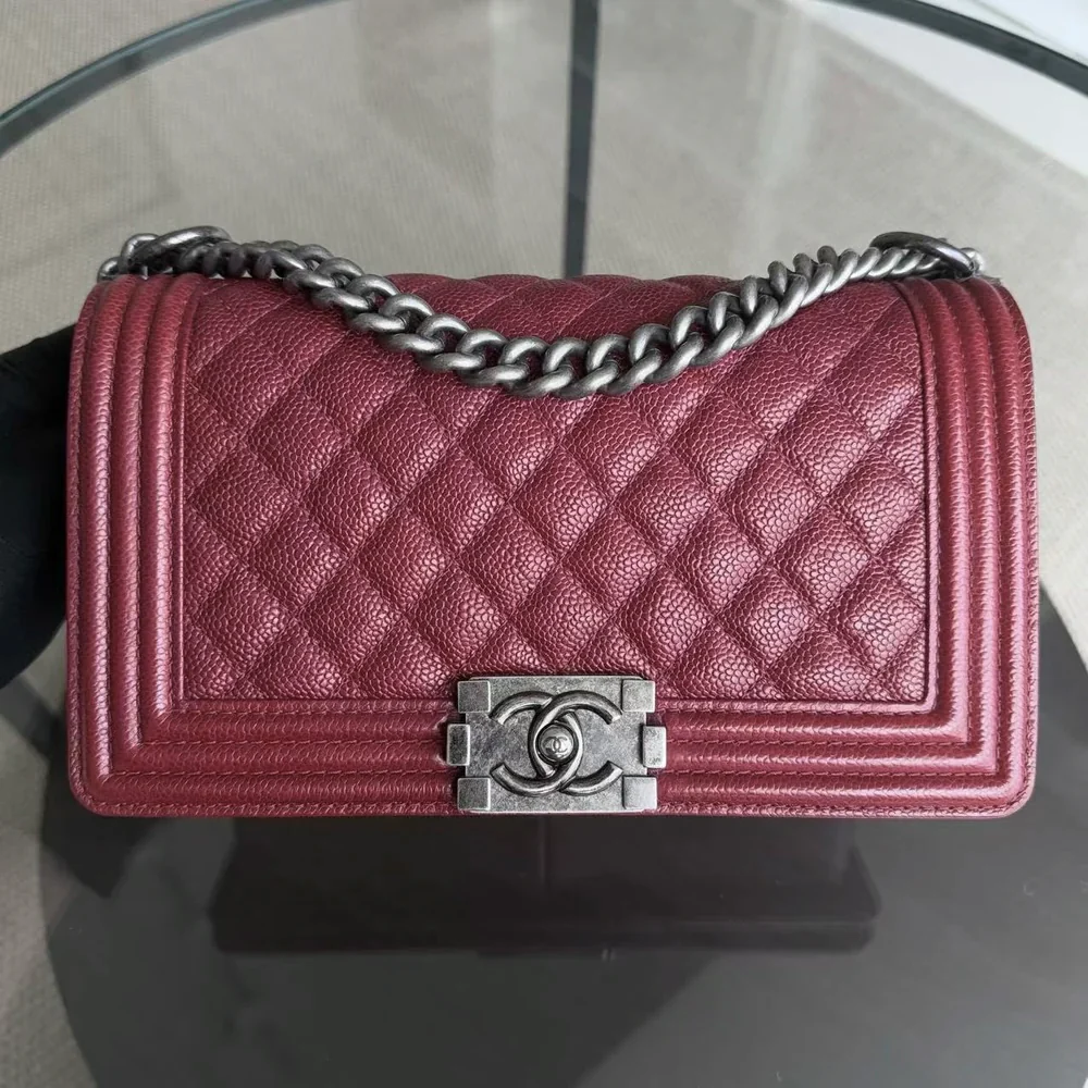 Chanel Boy Medium - Caviar 25CM Quilted Burgundy Dark Red Ruthenium Silver Hardware Series 19