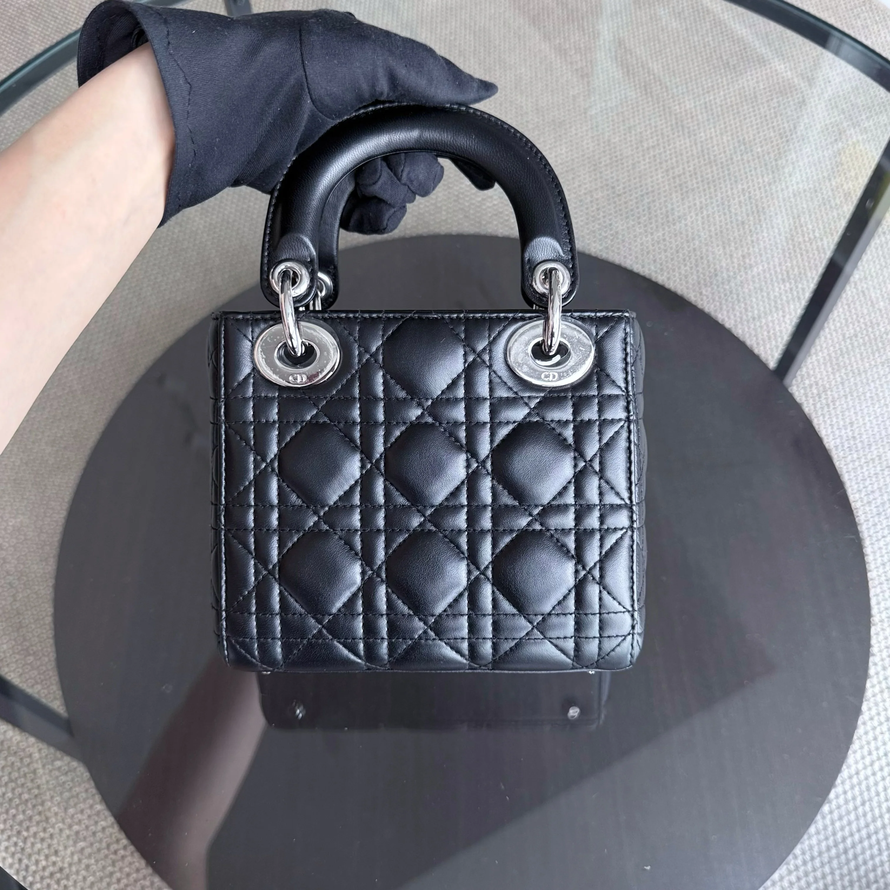 Dior Lady Mini - Cannage Lambskin Black Silver Hardware Chain Strap