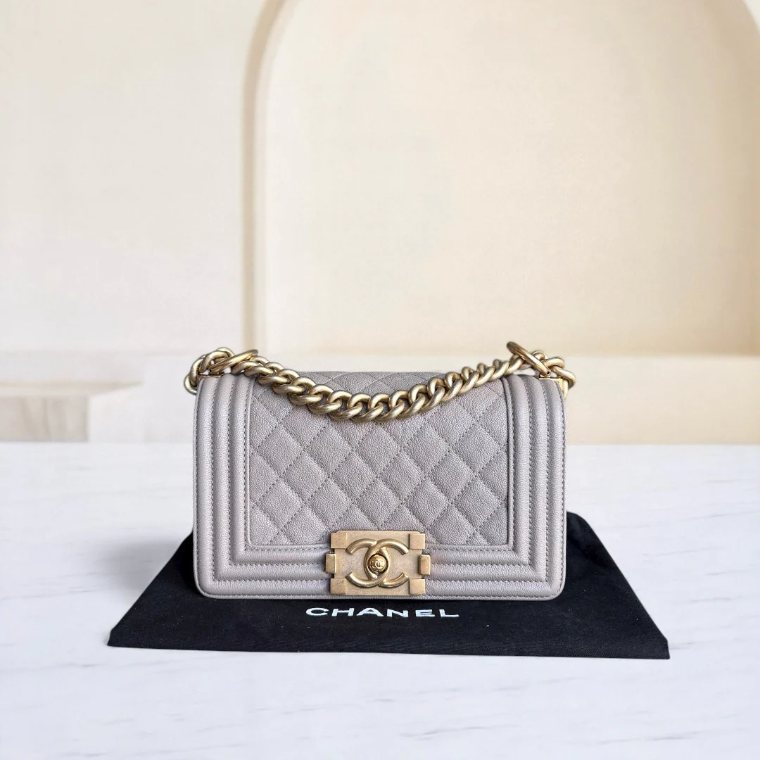 Chanel Boy Small - Caviar 20CM Quilted Grained Calfskin Grey Gray Gold Hardware Series 27