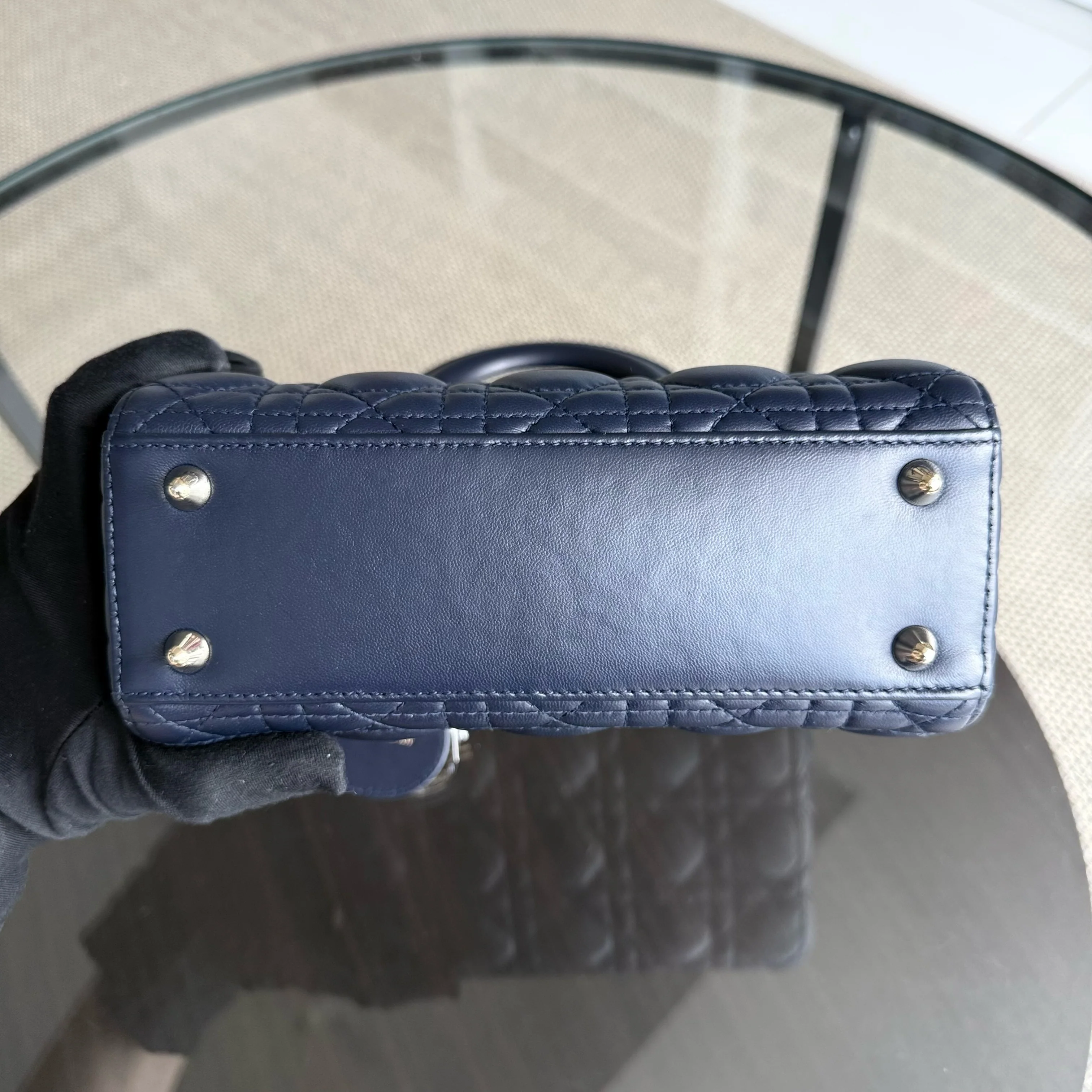 Dior Lady Small Flap - Cannage Lambskin Dark Navy Blue Gold Hardware with Charms