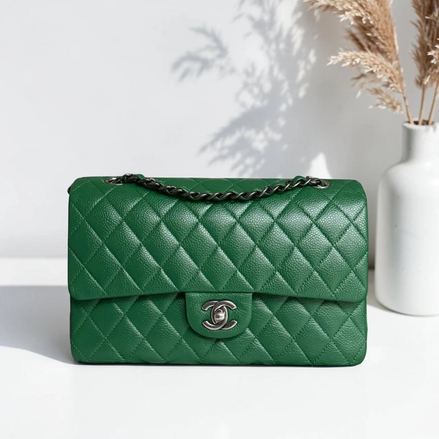 Chanel Classic Flap Medium - Caviar 25CM Quilted Double Flap Green Silver Hardware Series 21