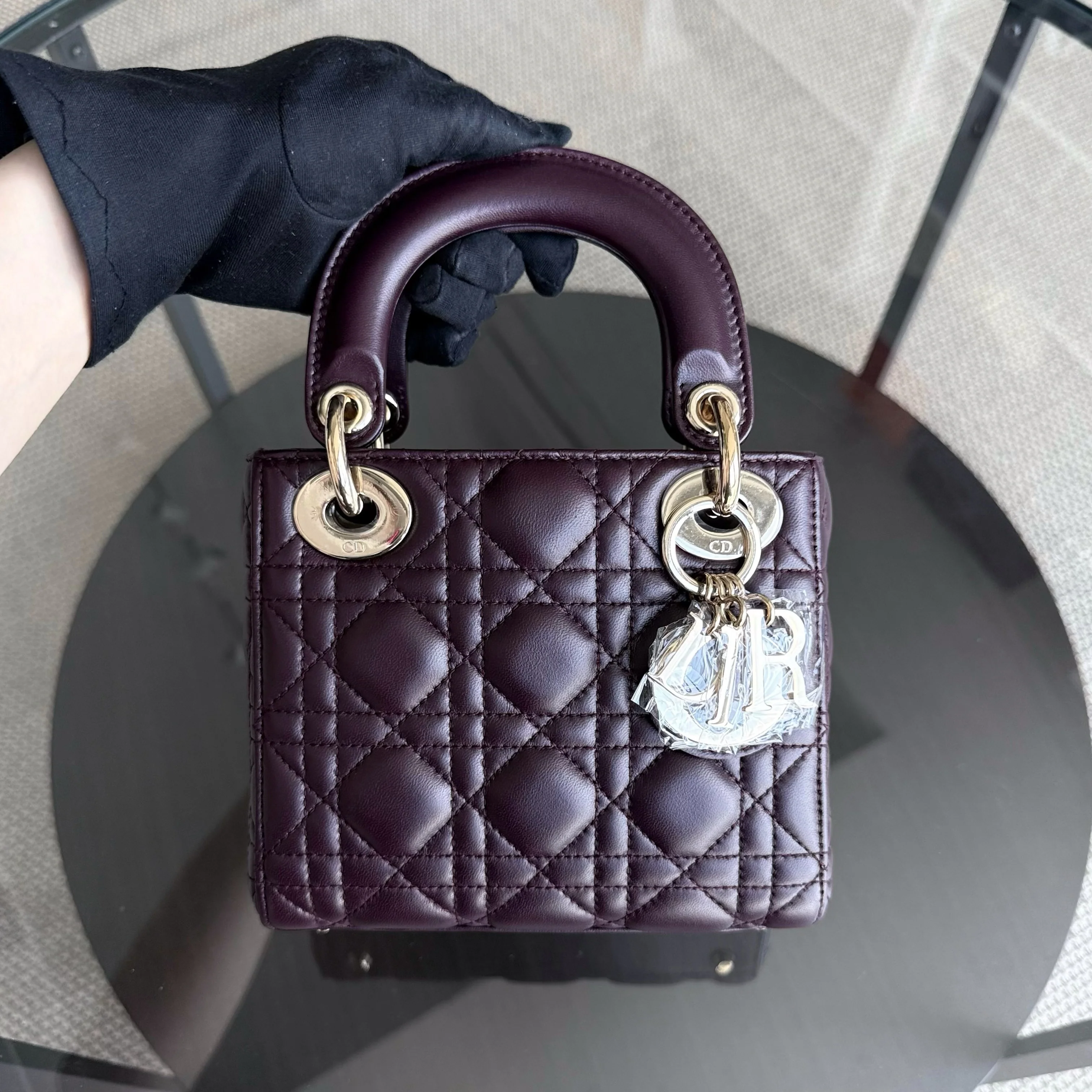Dior Lady Mini - Cannage Lambskin Wine Burgundy Gold Hardware Chain Strap