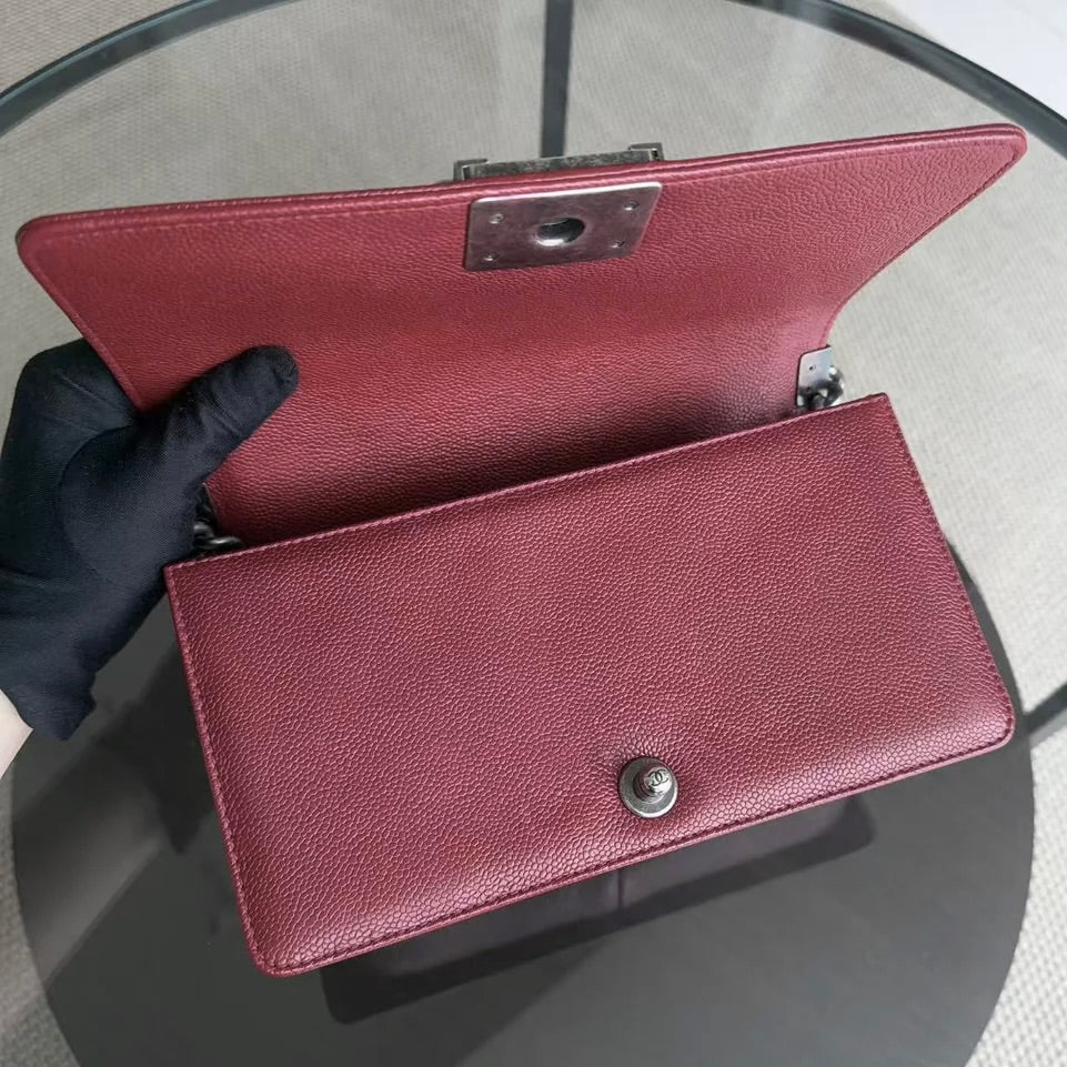 Chanel Boy Medium - Caviar 25CM Quilted Burgundy Dark Red Ruthenium Silver Hardware Series 19
