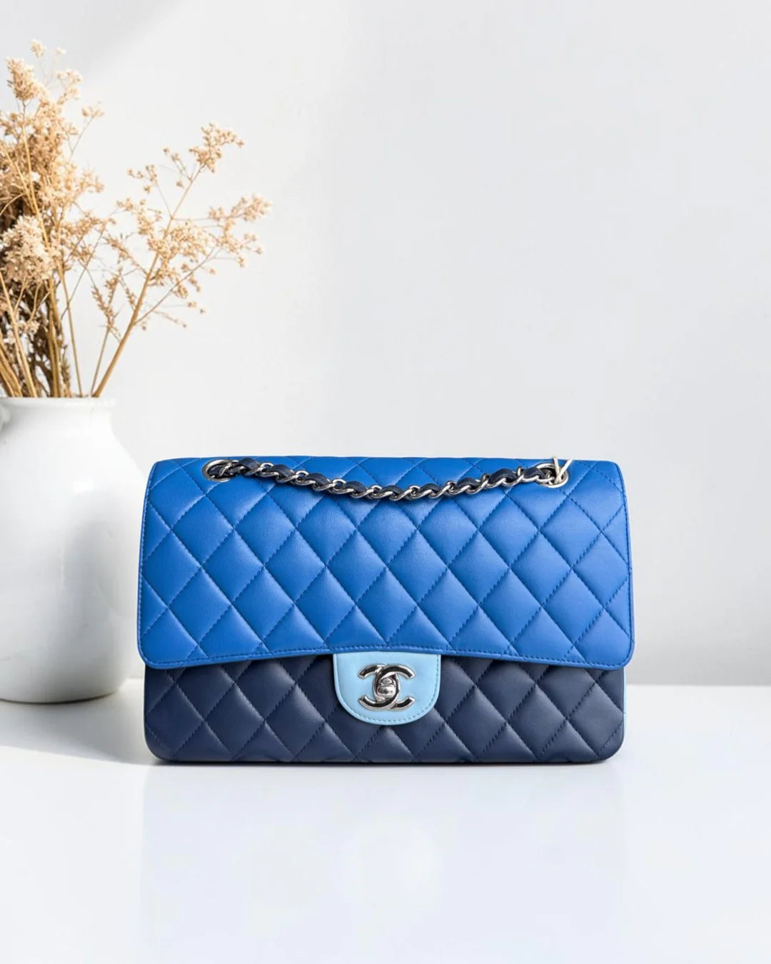 Chanel Classic Flap Medium - 25CM Quilted Lambskin Tri-Color Blue Silver Hardware Series 22