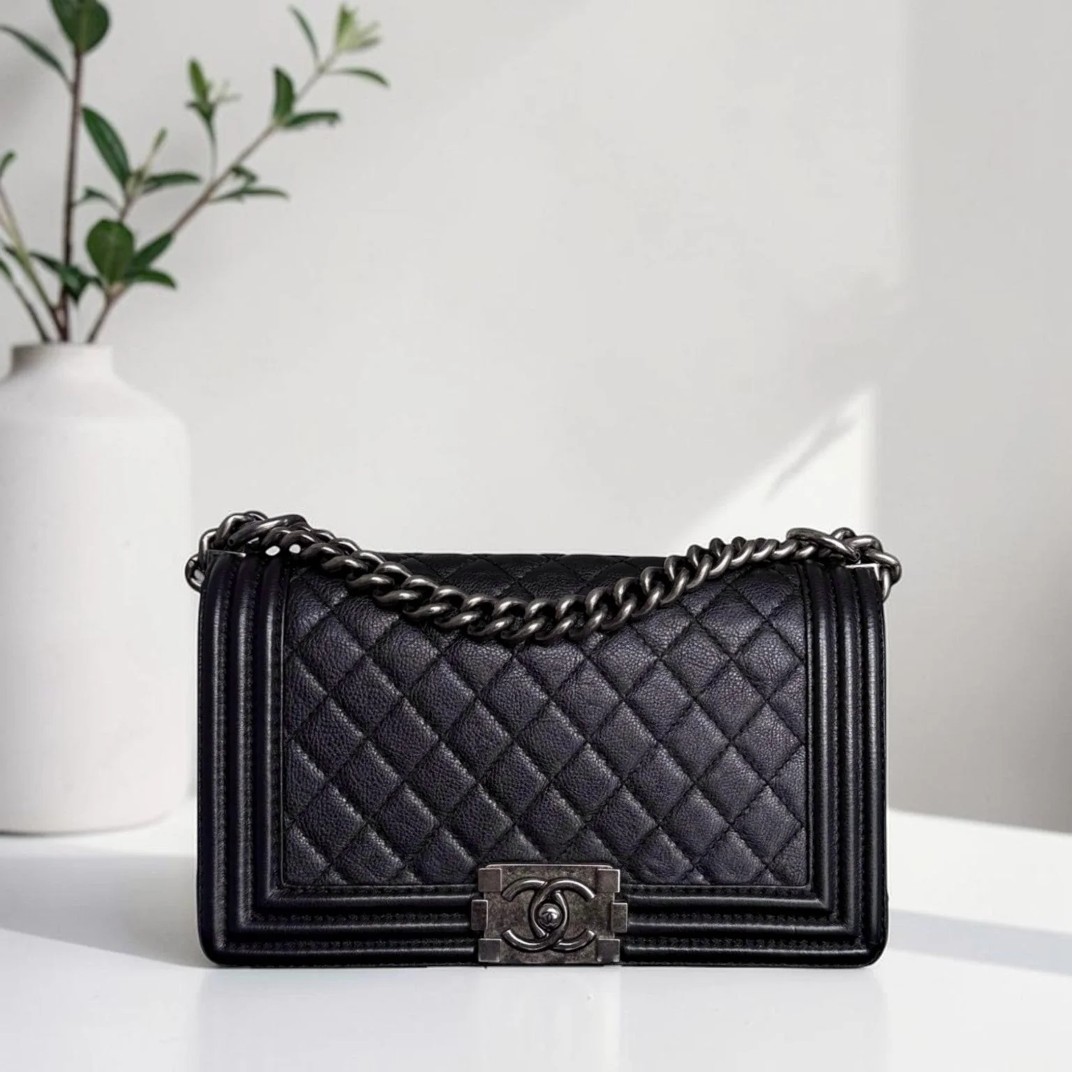 Chanel Boy Medium - Caviar 25CM Quilted Caviar Silver Hardware Series 18