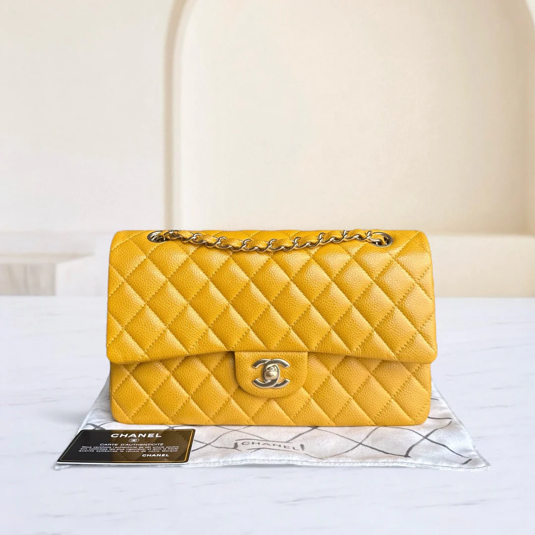 Chanel Classic Flap Medium - Caviar Quilted Grained Calfskin Mustard Gold Hardware Series 25