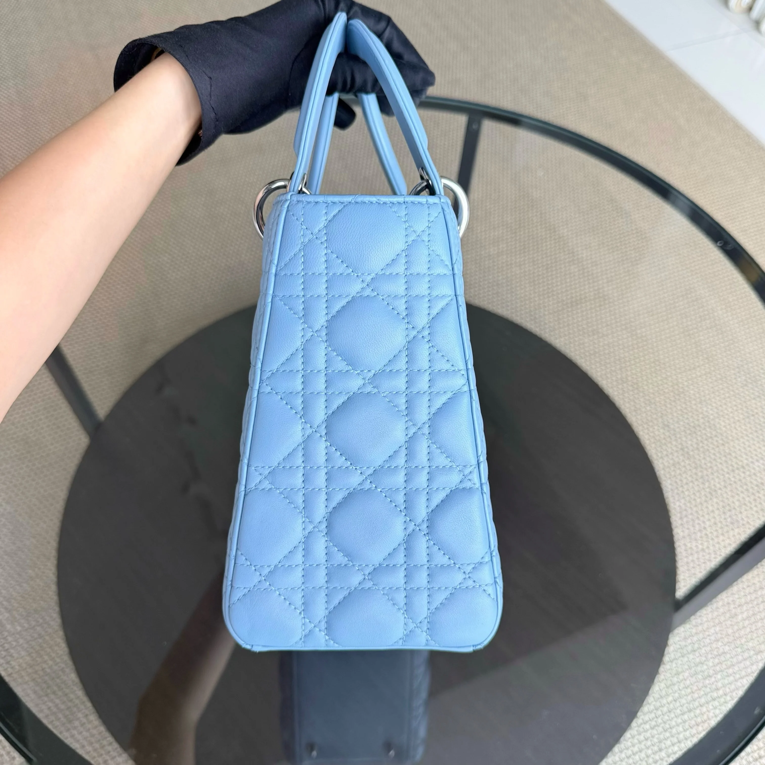 Dior Lady Medium Cannage Lambskin Light Baby Blue Silver Hardware