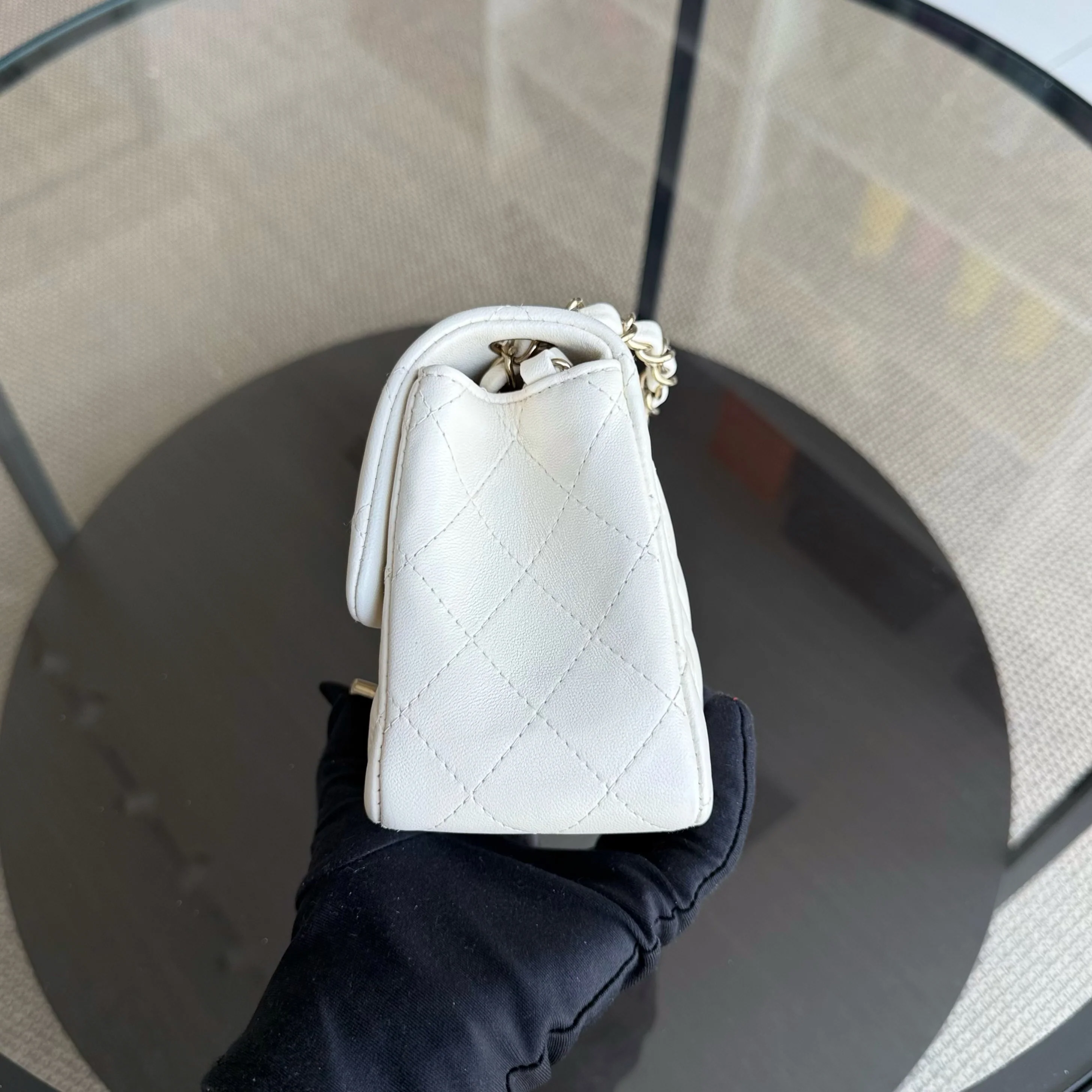 Chanel Classic Flap Mini Square - 17CM Quilted Lambskin White Gold Hardware Microchip