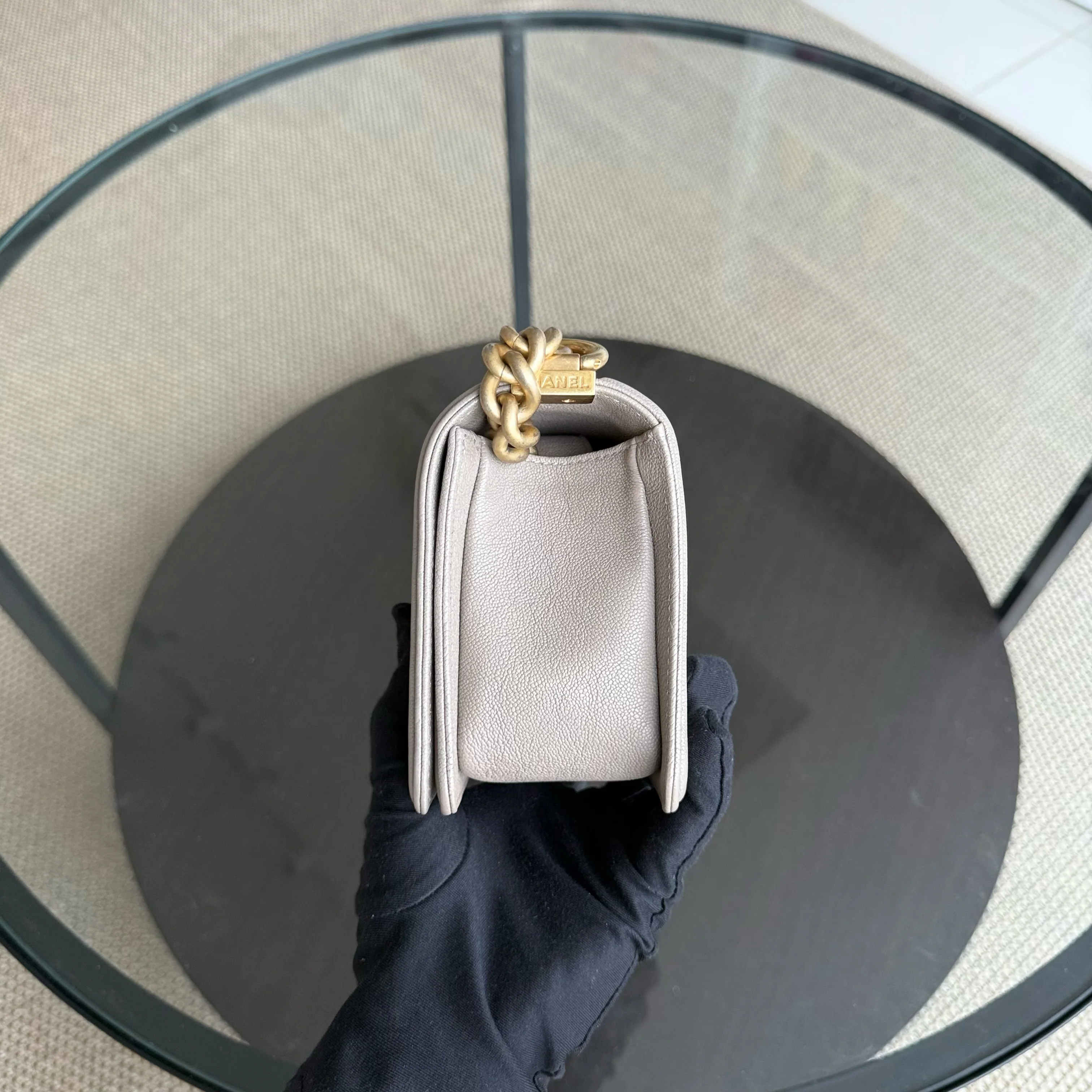 Chanel Boy Small - Caviar 20CM Quilted Grained Calfskin Grey Gray Gold Hardware Series 27