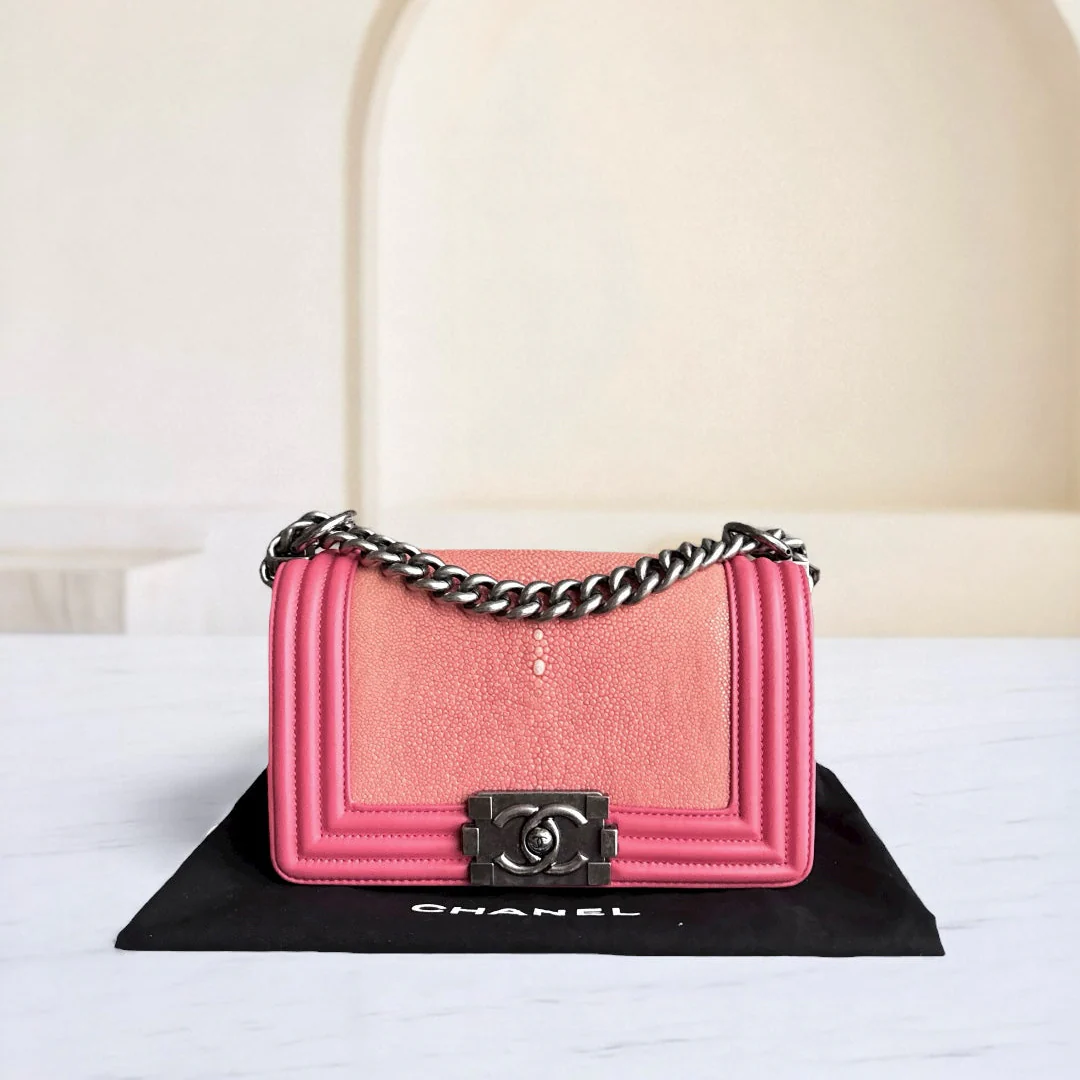 Chanel Boy Small - Stingray Pink Ruthenium Silver Hardware Series 18