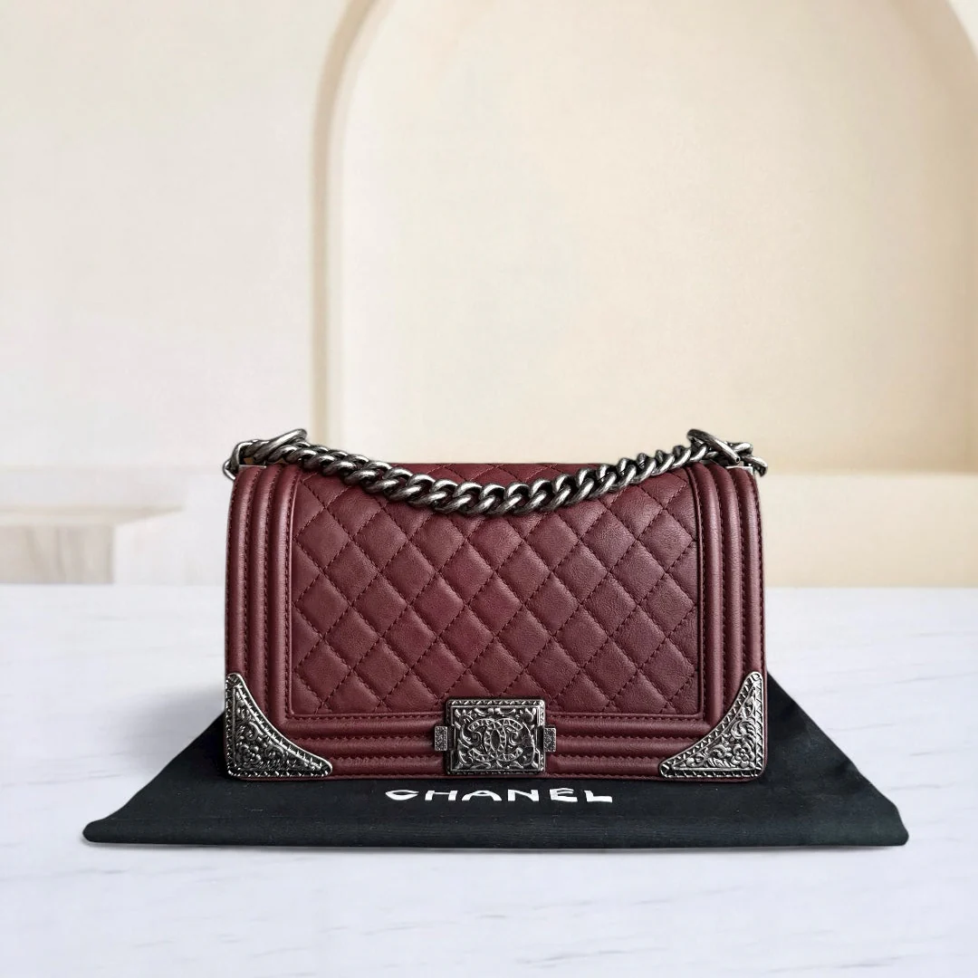 Chanel Boy Medium - 25CM Quilted Limited Edition Paris-Dallas Metal Edge Grained Calfskin Burgundy Silver Hardware Series 19