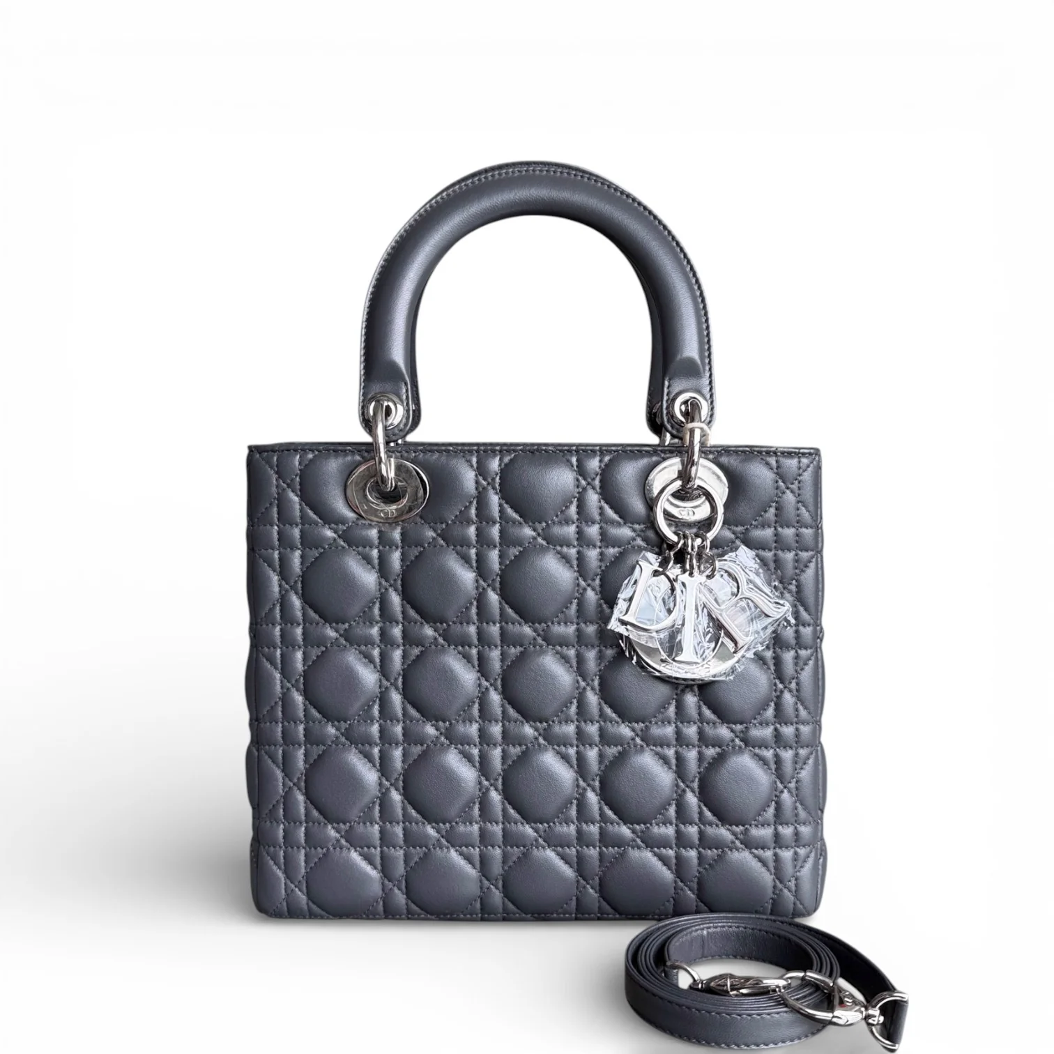 Dior Lady Medium - Cannage Lambskin Dark Gray Silver Hardware