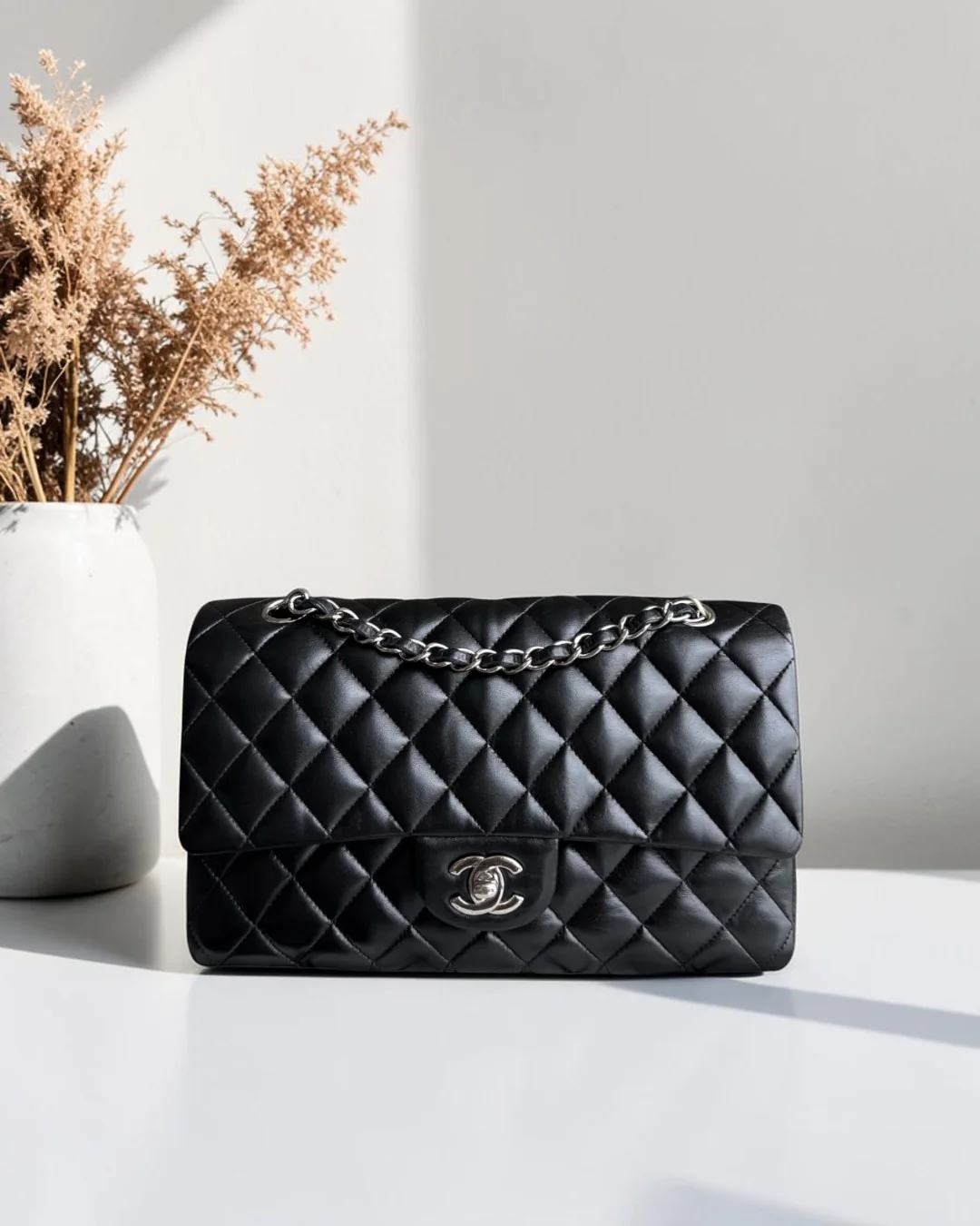 Chanel Classic Flap Medium - 25CM Quilted Lambskin Black Silver Hardware Series 12