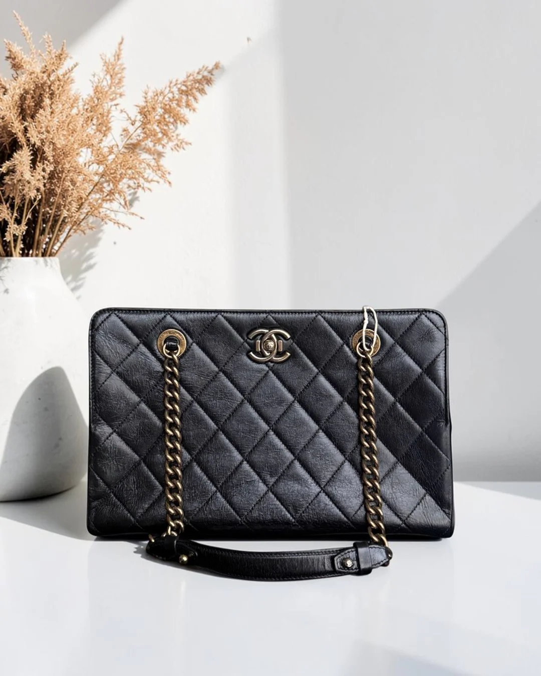 Chanel Shopping Tote - Calfskin Quilted Black Gold Hardware
