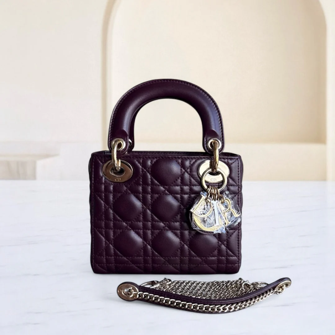 Dior Lady Mini - Cannage Lambskin Wine Burgundy Gold Hardware Chain Strap