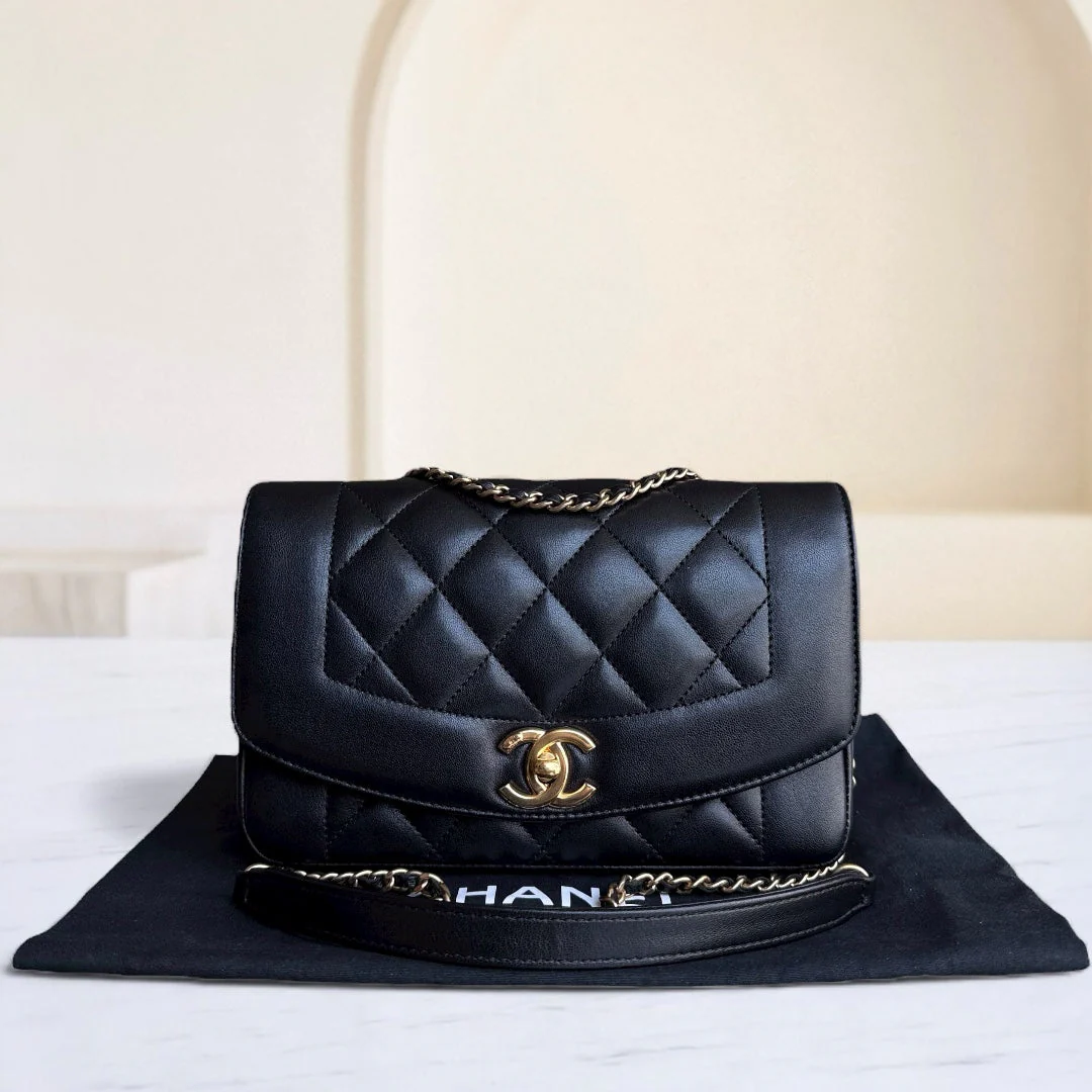 Chanel Diana Reissue Small - 22CM Quilted Lambskin Black Gold Hardware Series 20