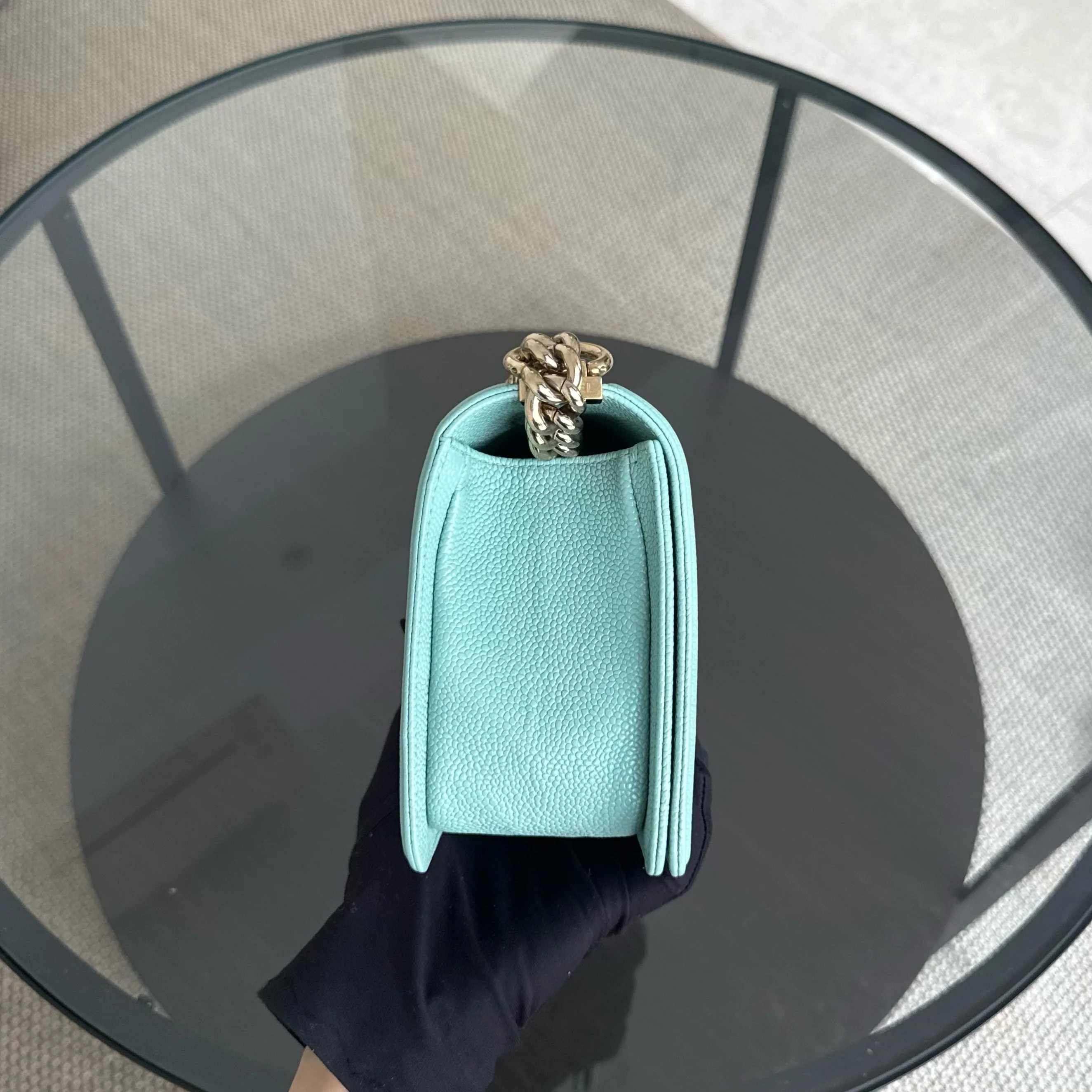 Chanel Boy Medium - 25CM Quilted Tiffany Blue Gold Hardware Series 29