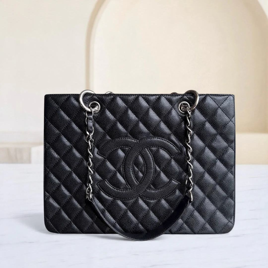 Chanel GST Grand Shopping Tote - Caviar Quilted Grained Calfskin Black Silver Hardware